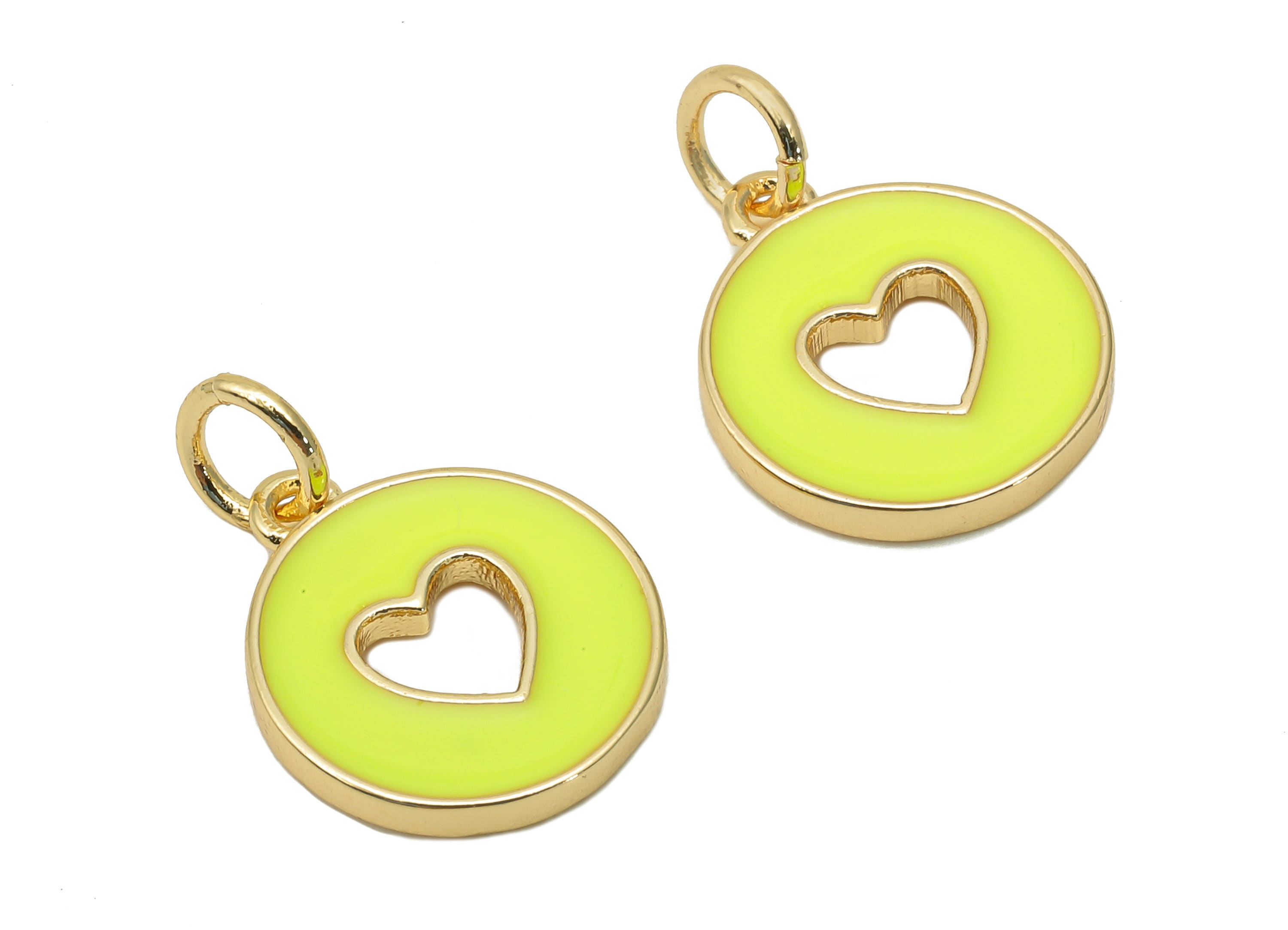 Brass Round Heart Hollow Earring - Enamel Yellow Mini Circle Charm - Pendant With Loop - 18K Real Gold Plating - 17.4x11.9x1.6mm - RGP5652H - DOMEDBAZAAR