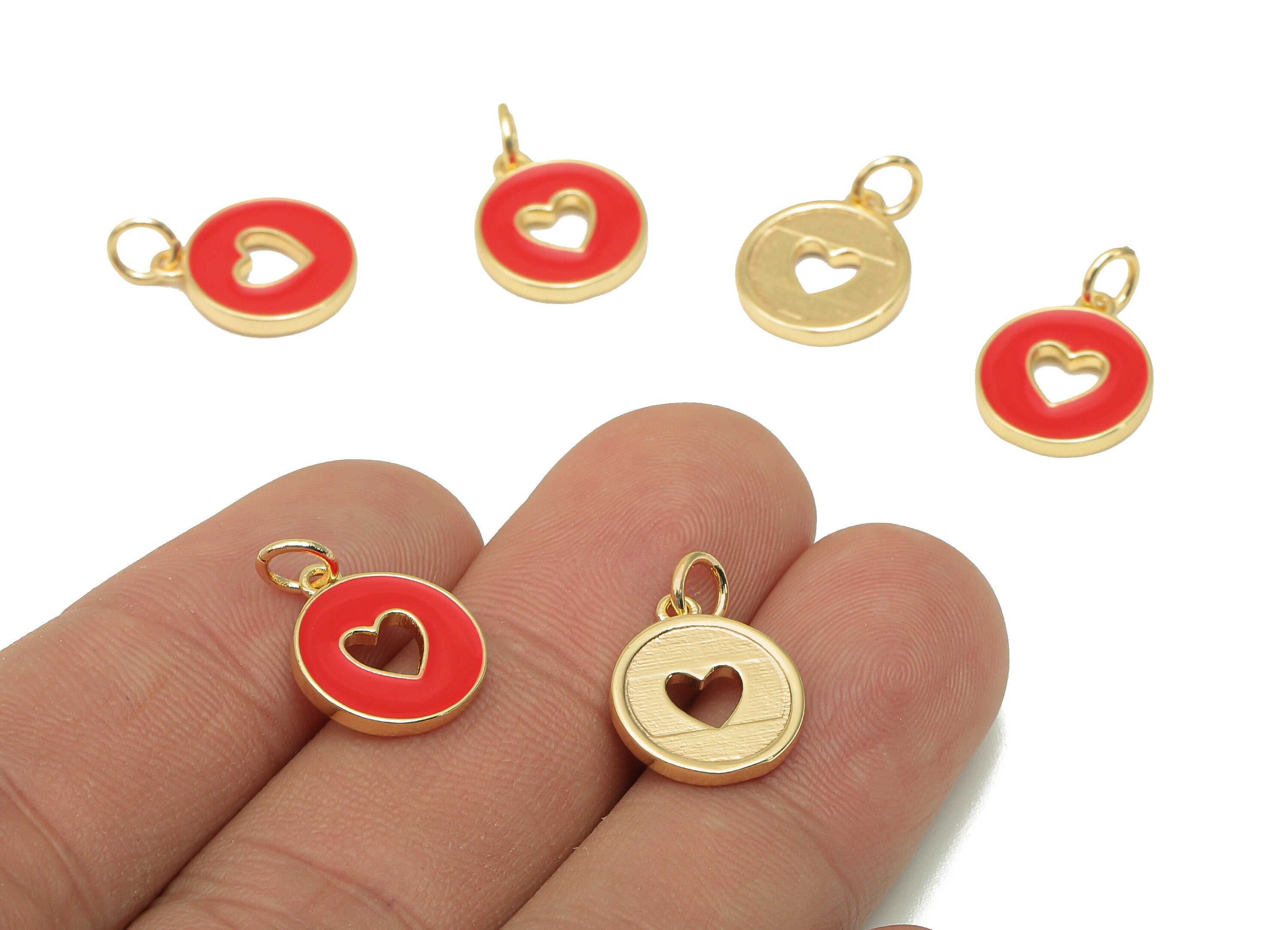 Brass Round Heart Hollow Earring - Enamel Red Mini Circle Charm - Pendant With Loop - 18K Real Gold Plating - 17.4x11.9x1.6mm - RGP5652E - DOMEDBAZAAR