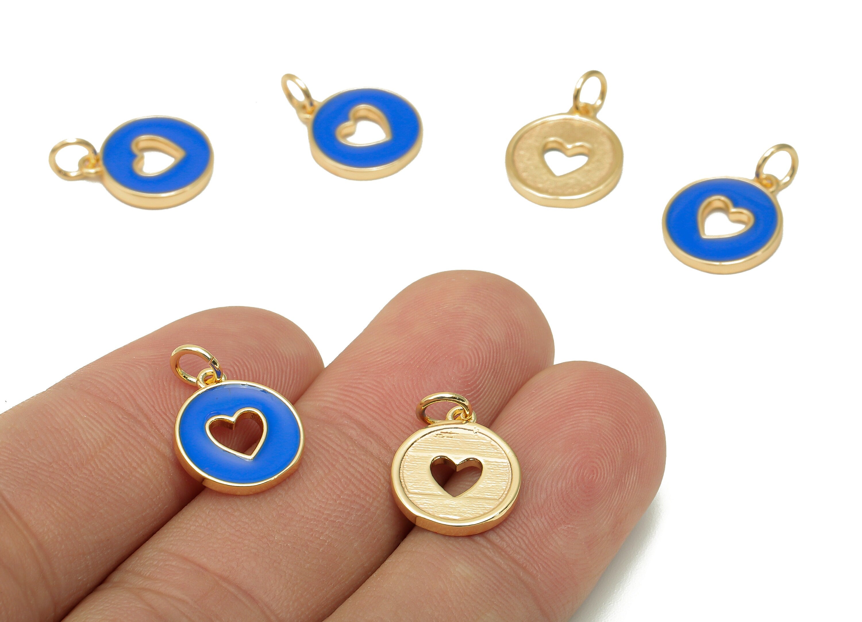 Brass Round Heart Hollow Earring - Enamel Navy Mini Circle Charm - Pendant With Loop - 18K Real Gold Plating - 17.4x11.9x1.6mm - RGP5652D - DOMEDBAZAAR