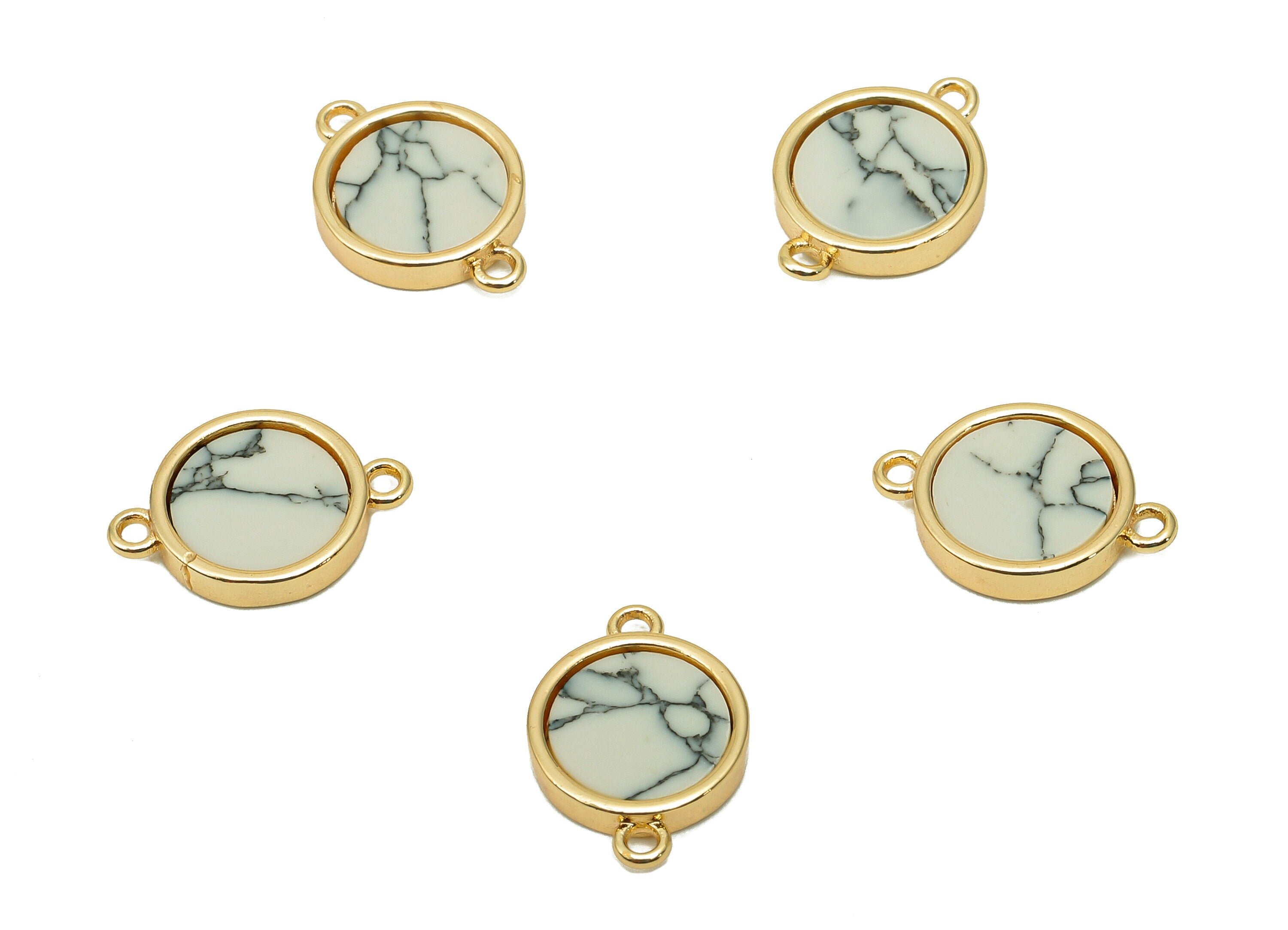 Brass Mini Round Bracelet Connector - Synthetic Stone White Dot Earring - Pendant With 2 Loops - 18K Real Gold Plating - 13x9.3x2mm-RGP5653A - DOMEDBAZAAR