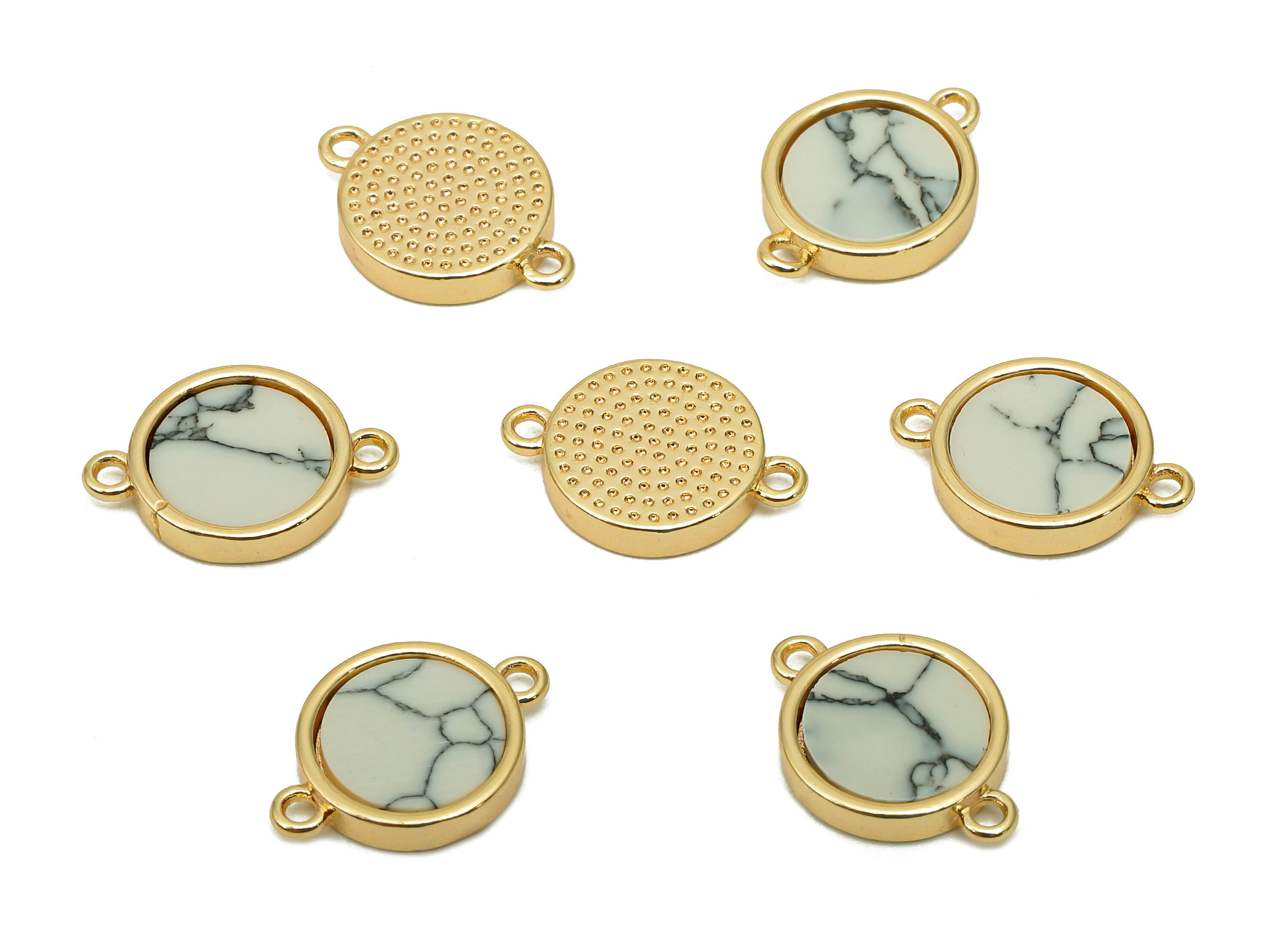Brass Mini Round Bracelet Connector - Synthetic Stone White Dot Earring - Pendant With 2 Loops - 18K Real Gold Plating - 13x9.3x2mm-RGP5653A - DOMEDBAZAAR