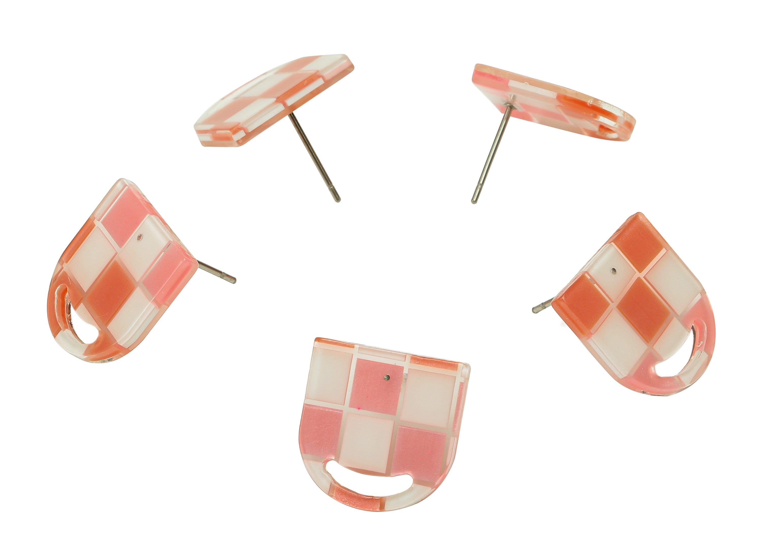 PVC Domed Crescent Stud Earring - Pink & White Checkered Moon Post - 316 Stainless Steel - Color Code: A856 - 16.5x16.3x2.3mm - AC2532-A856 - DOMEDBAZAAR