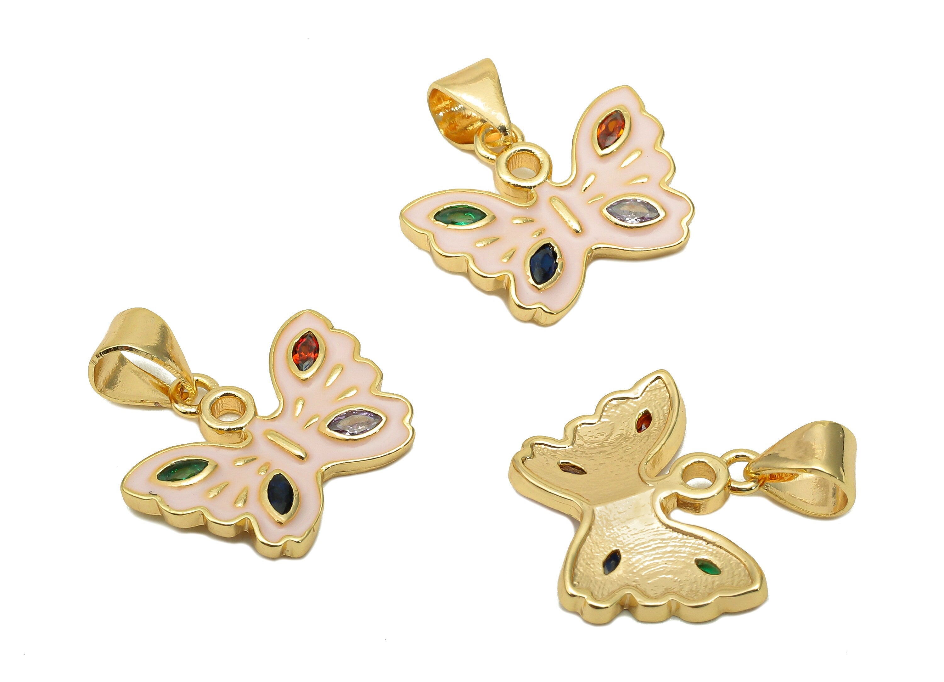 Brass Butterfly Zircon Pendant - Enamel Pink Butterfly Earring - Necklace Charm With Loop - 18K Real Gold Plating - 1.8x16.2x1.6mm - RGP5660 - DOMEDBAZAAR
