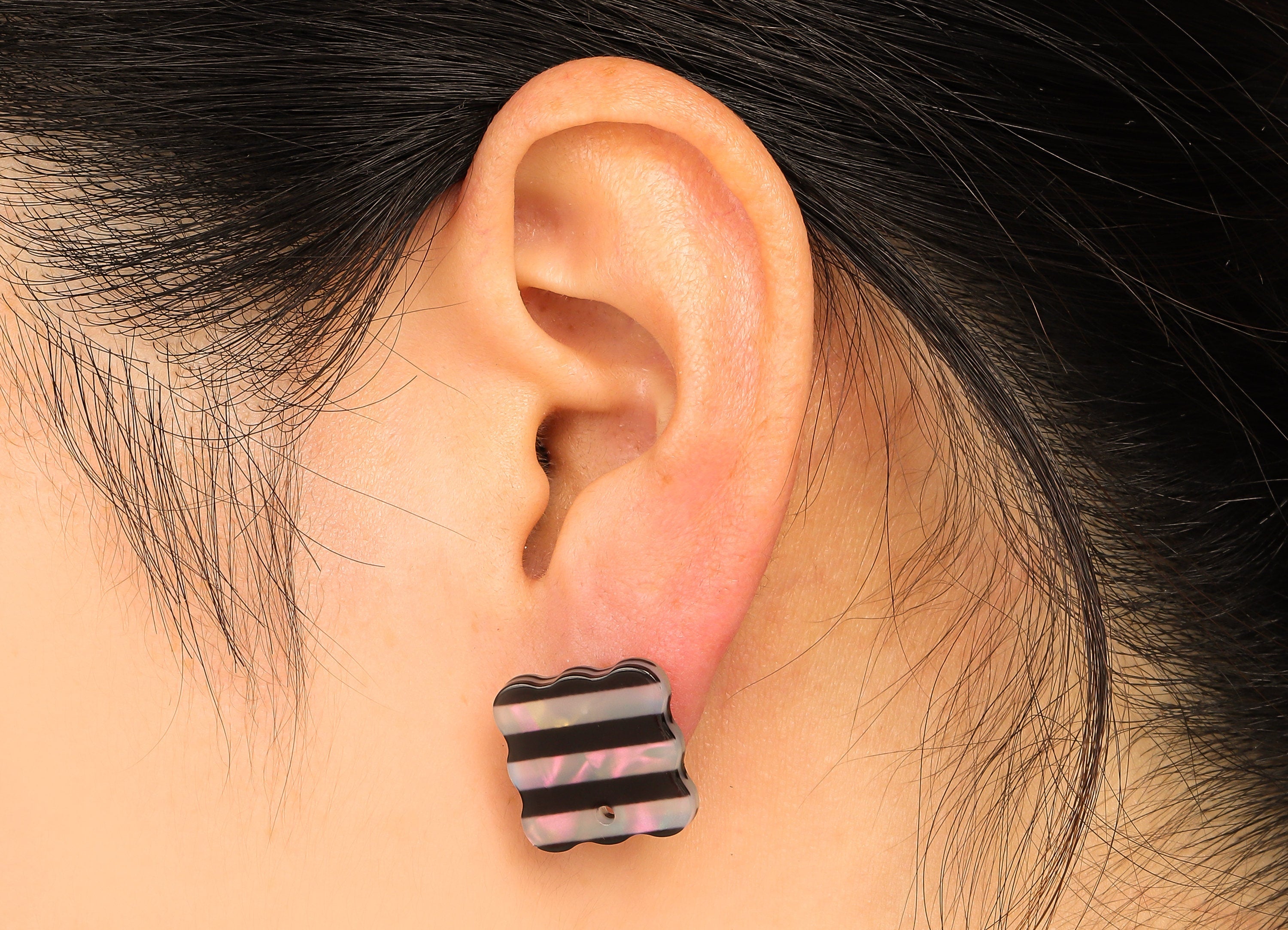 PVC Wave Square Earring Post - Black Stripe Stud Earring With Hole - 316 Stainless Steel - Color Code: A859 - 15.9x15.8x2.5mm - AC2535-A859 - DOMEDBAZAAR