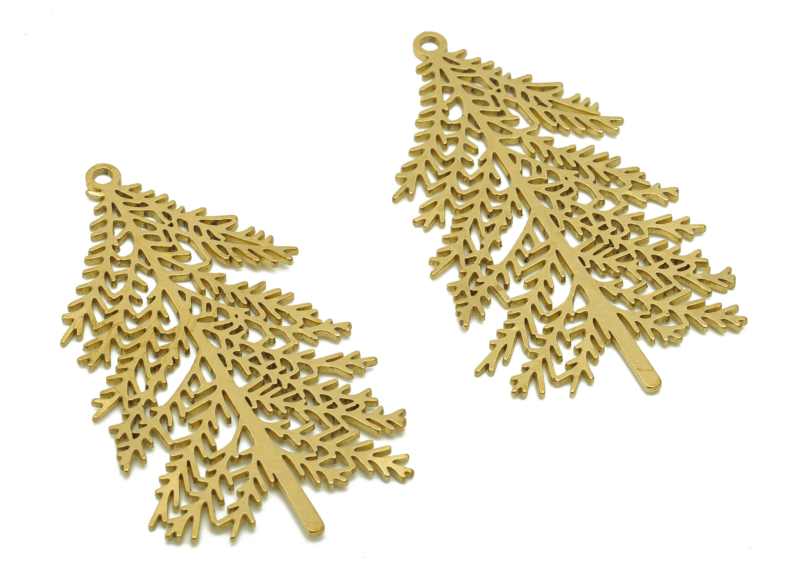 Brass Tree Earring Charm - Raw Brass Pine Tree Earrings - Pine Pendant With Loop - Botanical Charms For Necklace - 44.9x25.3x0.7mm - PPA6548 - DOMEDBAZAAR