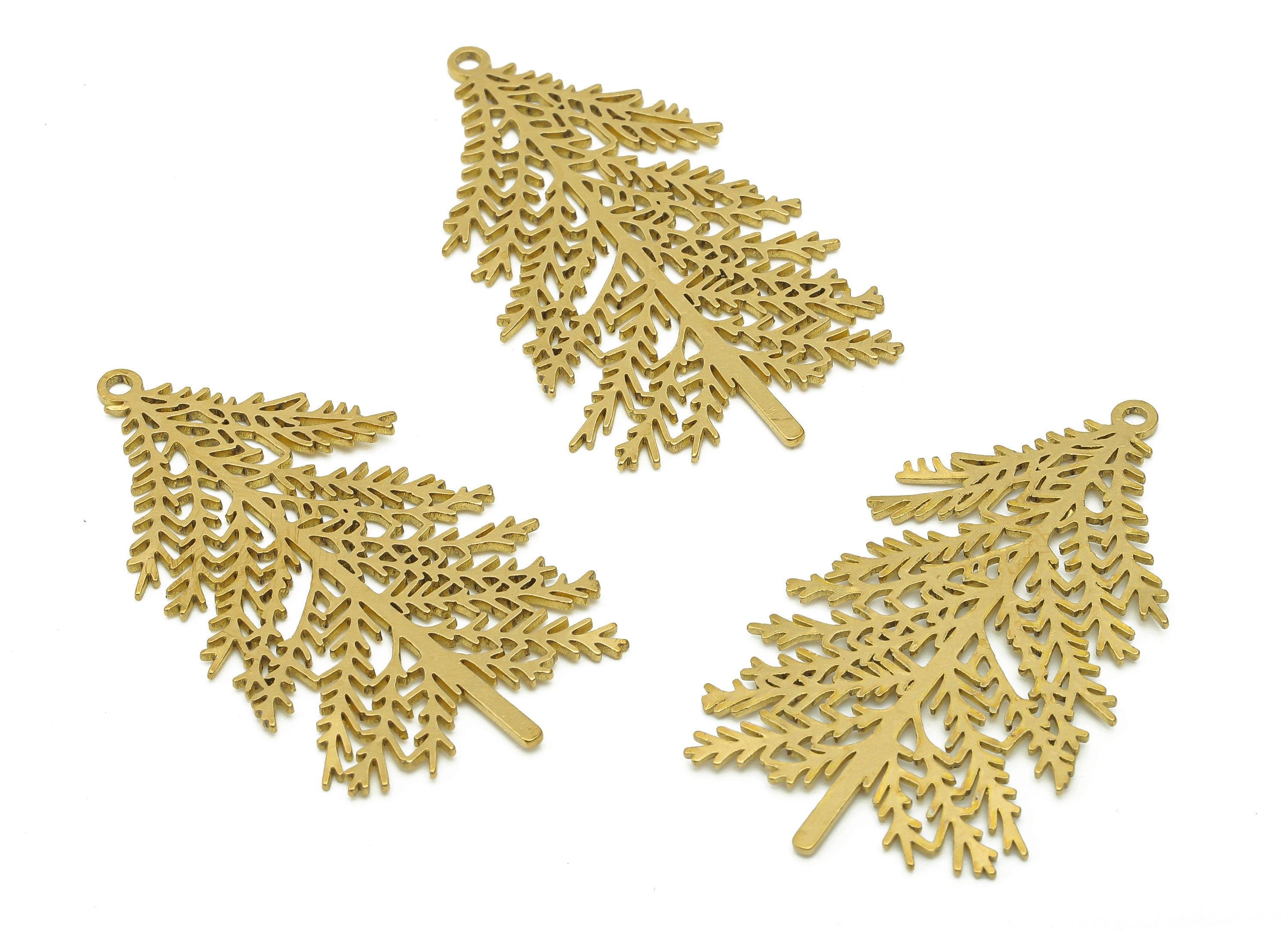 Brass Tree Earring Charm - Raw Brass Pine Tree Earrings - Pine Pendant With Loop - Botanical Charms For Necklace - 44.9x25.3x0.7mm - PPA6548 - DOMEDBAZAAR