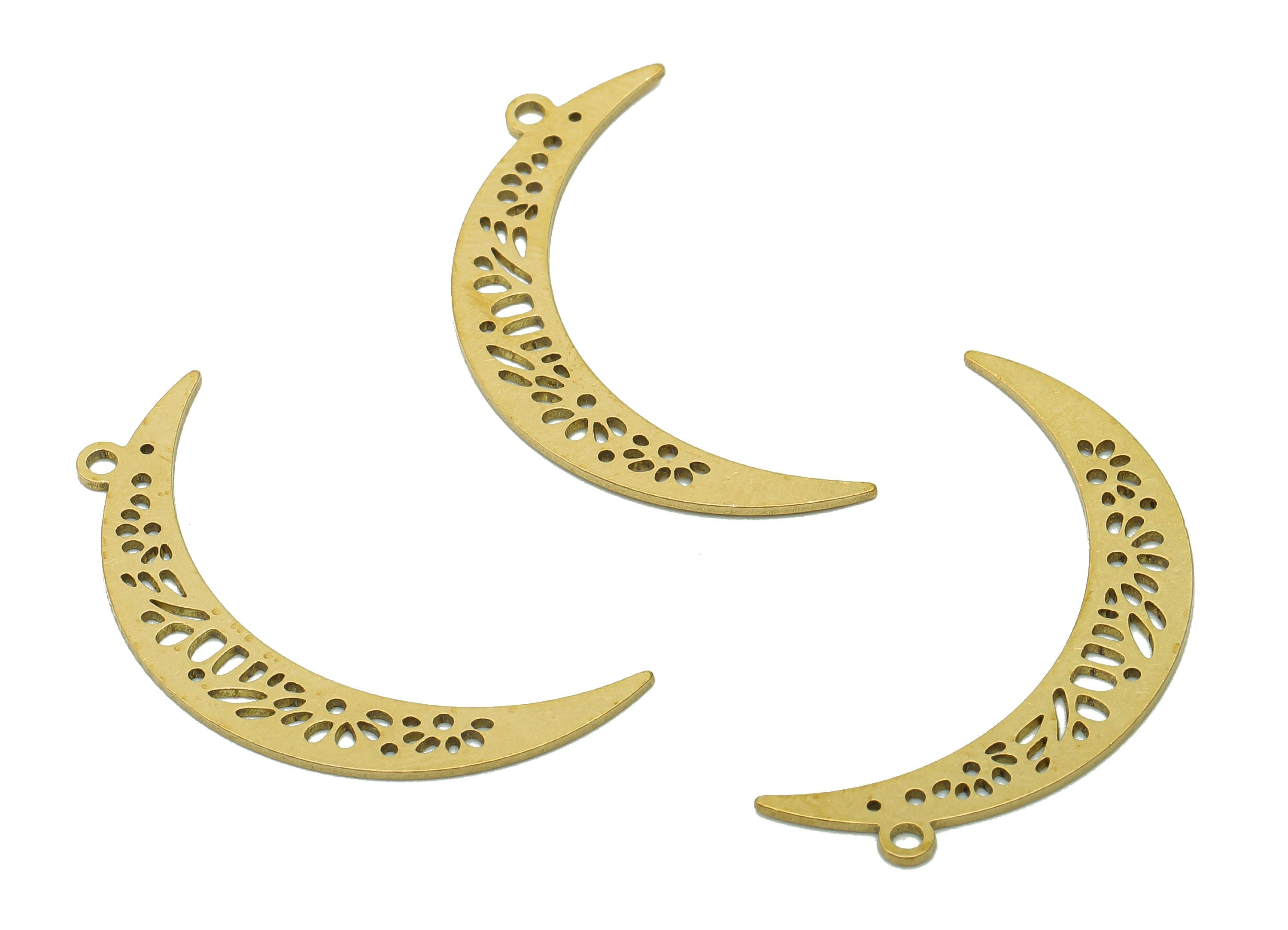 Brass Crescent Earring Charm - Raw Brass The Moon Pendant - Flower Hollow Earring With Loop - Charm For Necklace - 32.8x5.7x0.7mm - PPA6571 - DOMEDBAZAAR