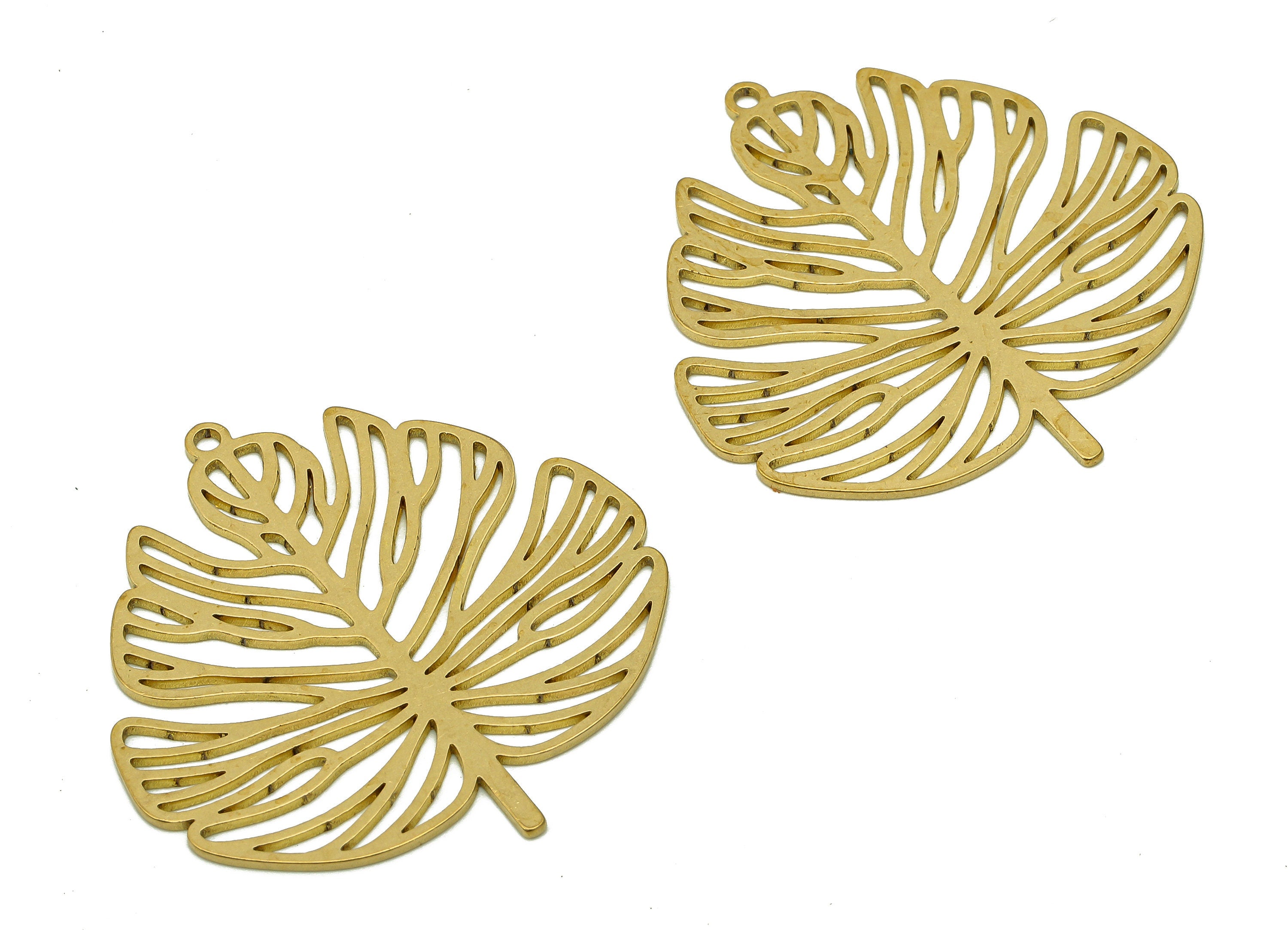 Brass Monstera Leaves Earring Charm - Raw Brass Leaf Cutout Earring - Plant Pendant With Loop - Botanical Charm - 36x34.7x0.8mm - PPA6576 - DOMEDBAZAAR