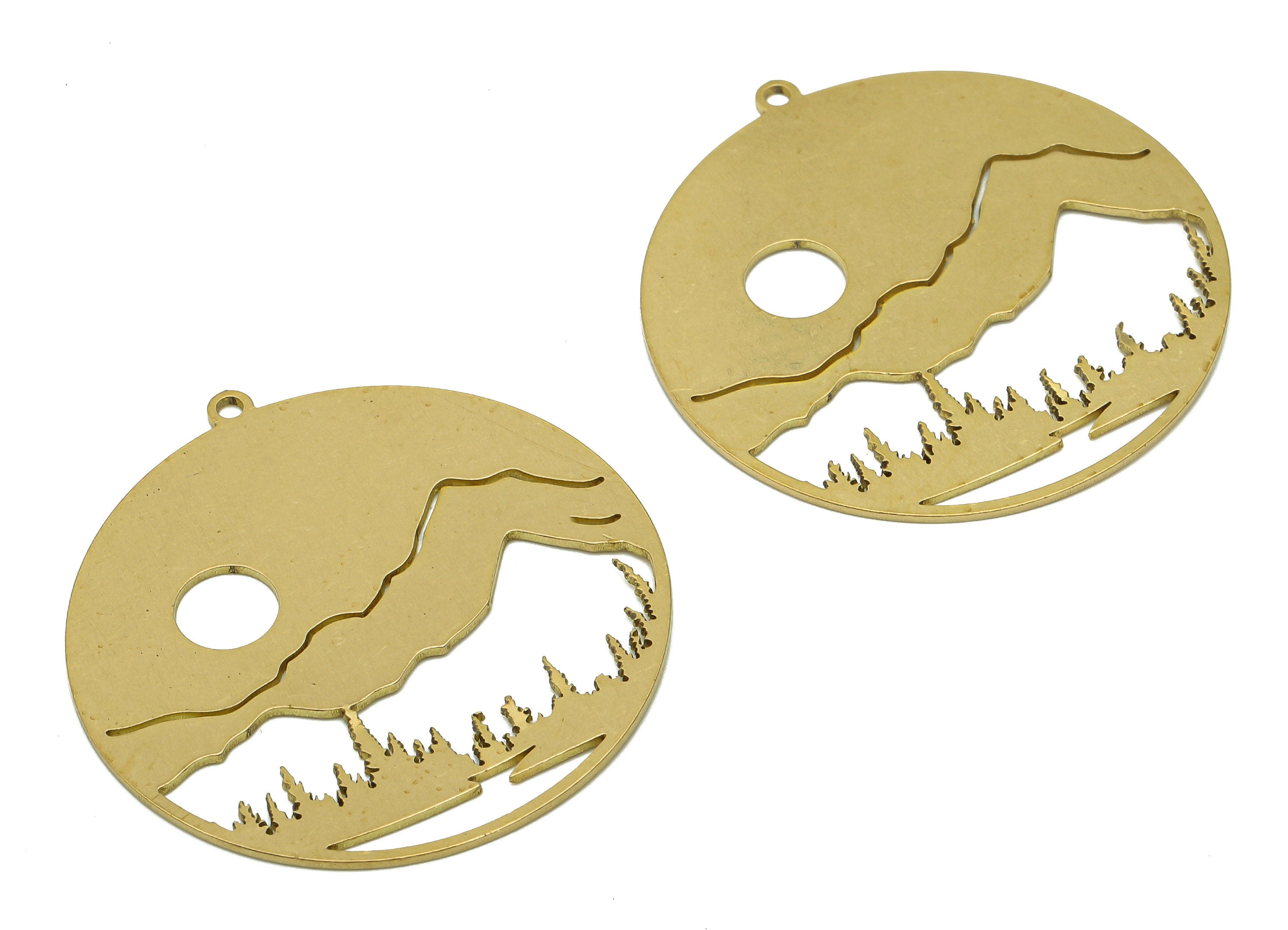 Brass Round Landscape Earring Charm - Raw Brass Circle Earring - Pine Trees Pendant With Loop - Sun Mountain Charm - 37.7x35.6x0.7mm-PPA6610 - DOMEDBAZAAR