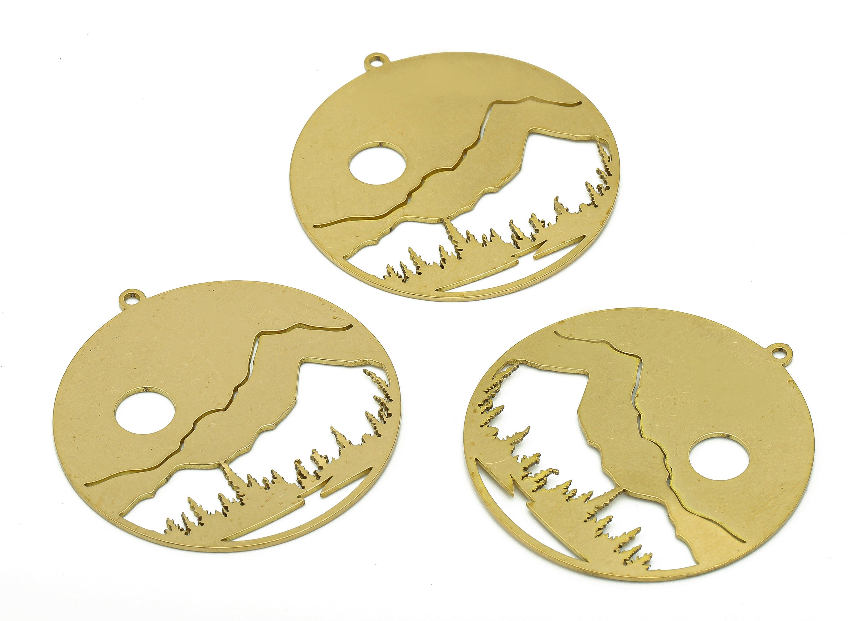 Brass Round Landscape Earring Charm - Raw Brass Circle Earring - Pine Trees Pendant With Loop - Sun Mountain Charm - 37.7x35.6x0.7mm-PPA6610 - DOMEDBAZAAR