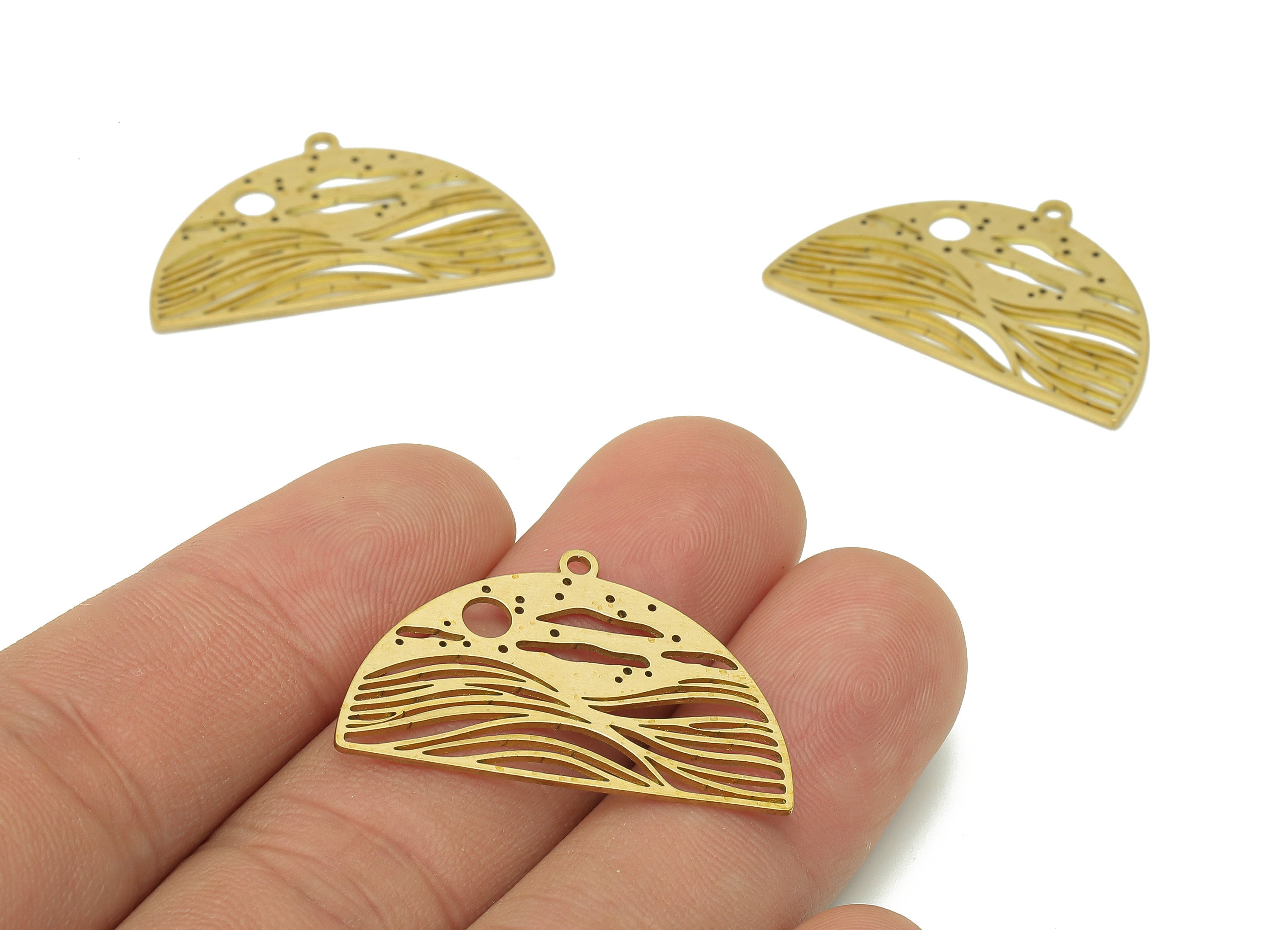 Brass Semicircle Landscape Earring - Raw Brass Half Round Earring - Sea Waves Pendant With Loop - Cloud Sun Charm - 31.4x20x0.7mm - PPA6636 - DOMEDBAZAAR