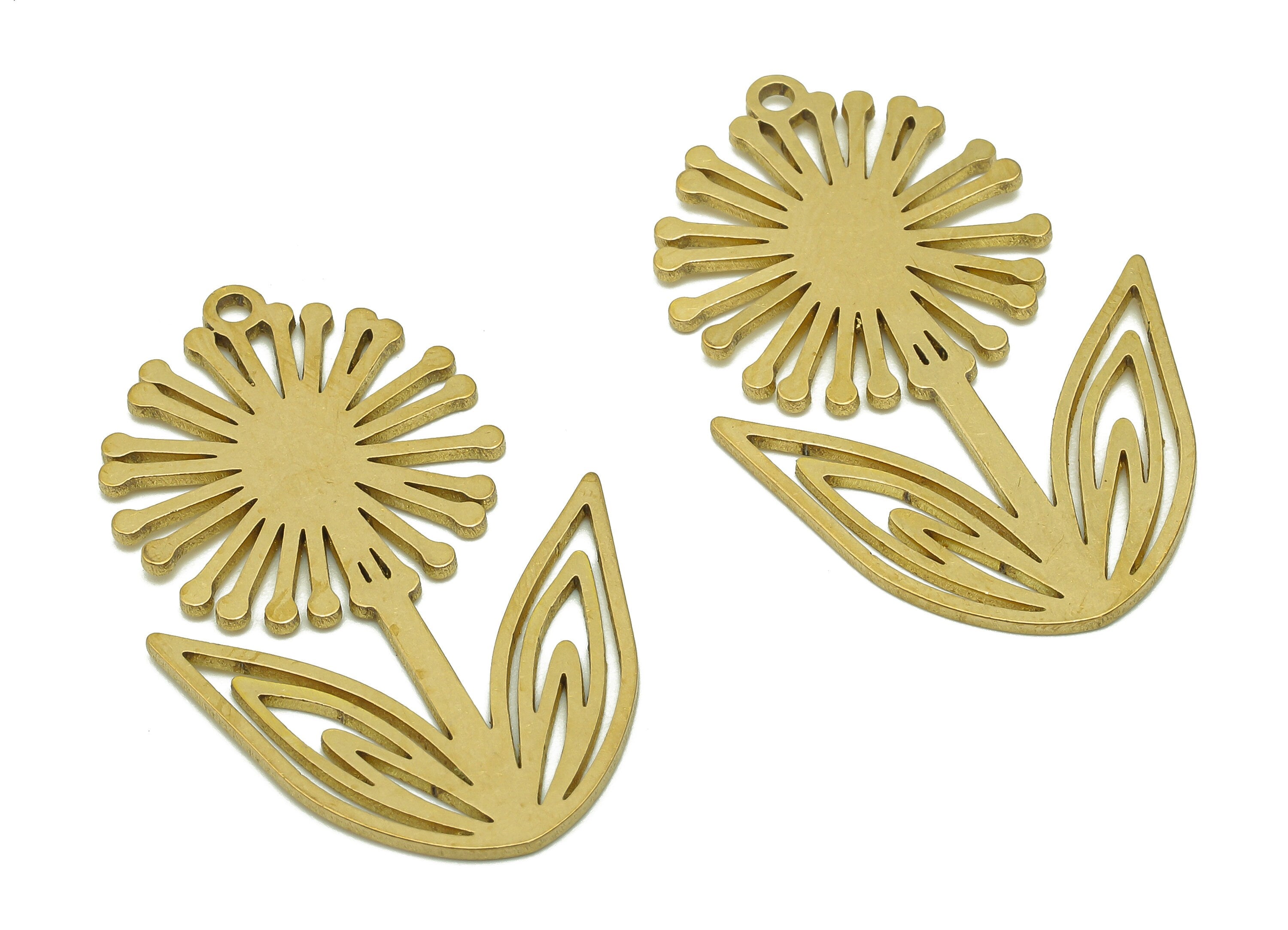 Brass Dandelion Earring Charms - Raw Brass Flower Earring - Pendant With Loop - Botanical Charm For Necklace - 37.8x23.8x0.9mm - PPA5782 - DOMEDBAZAAR
