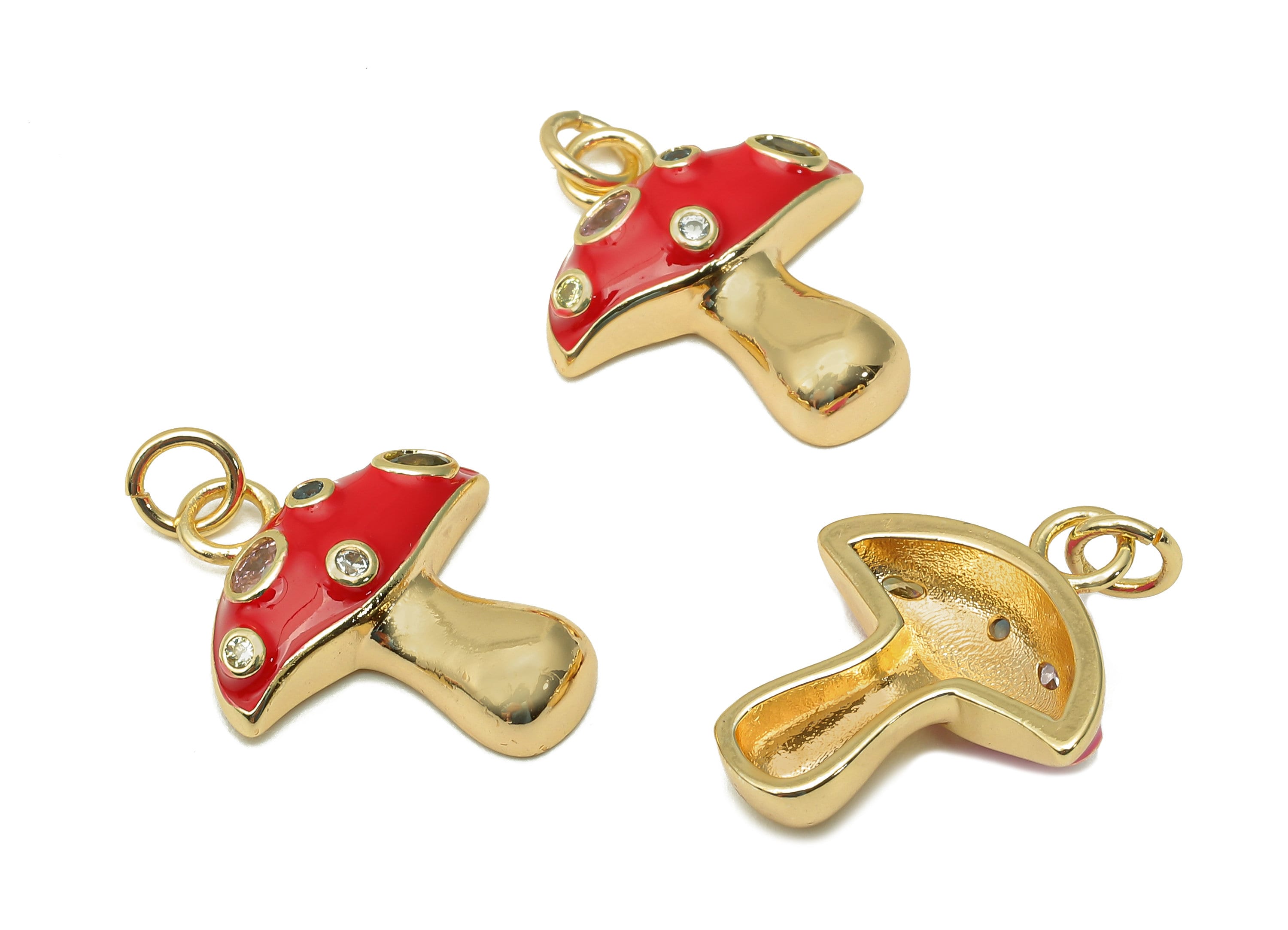 Brass Enamel Mushroom Pendant - Zircon Red Fungus Earring Charm - Necklace Charm With Loop - 18K Real Gold Plating - 23x16.9x1.5mm -RGP5662B - DOMEDBAZAAR