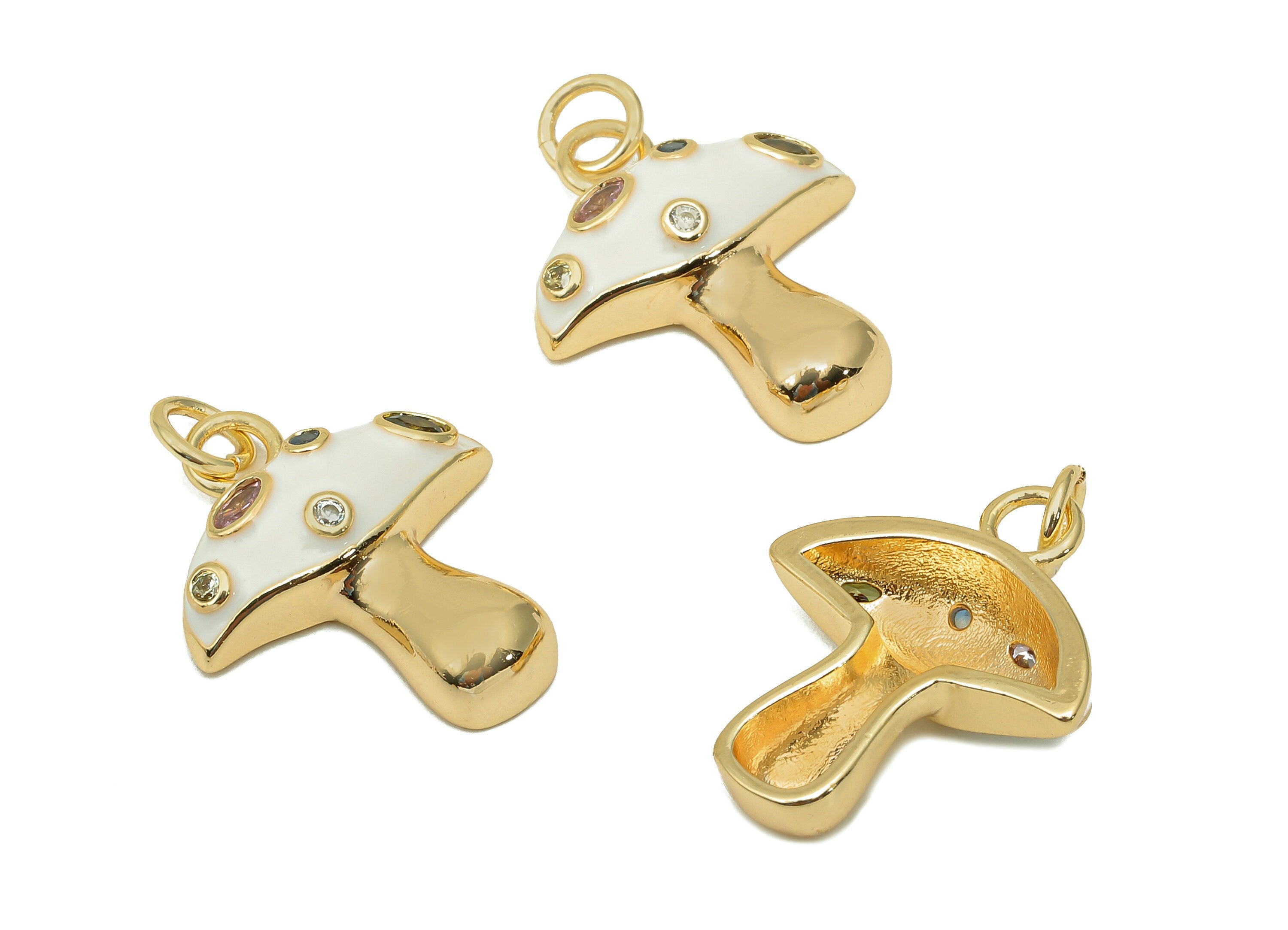 Brass Enamel Mushroom Pendant - Zircon White Fungus Earring Charm - Necklace Charm With Loop - 18K Real Gold Plating -23x16.9x1.5mm-RGP5662D - DOMEDBAZAAR