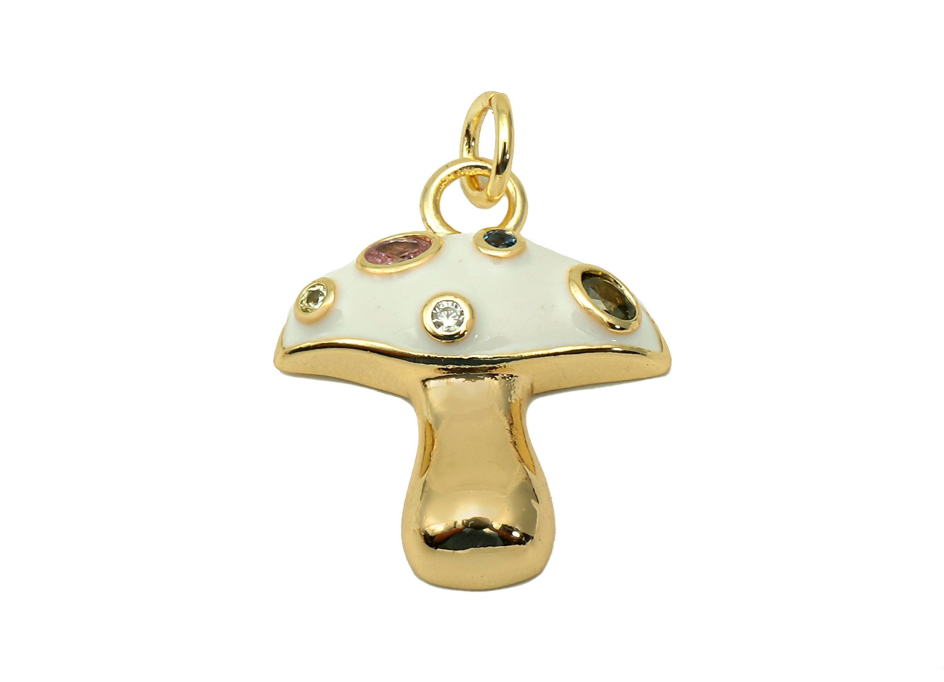 Brass Enamel Mushroom Pendant - Zircon White Fungus Earring Charm - Necklace Charm With Loop - 18K Real Gold Plating -23x16.9x1.5mm-RGP5662D - DOMEDBAZAAR