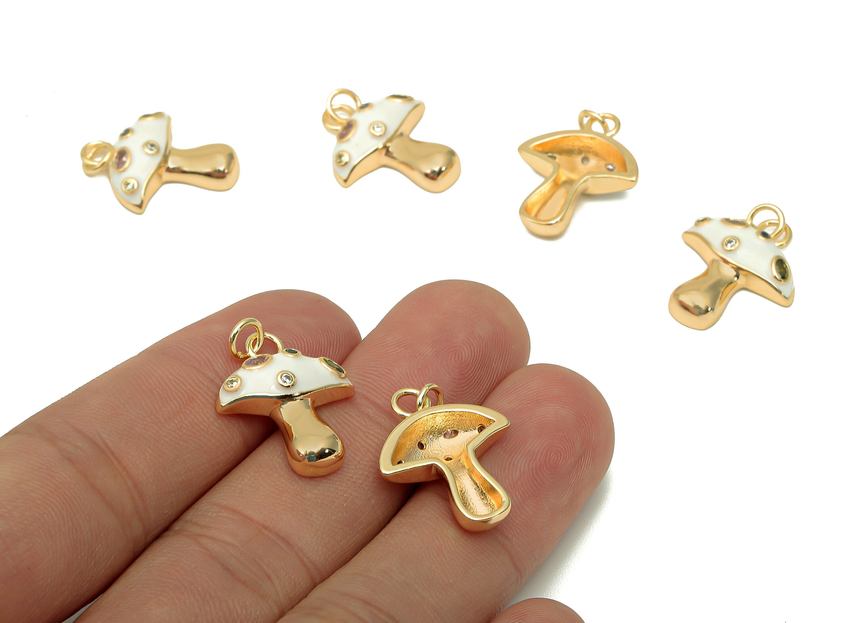 Brass Enamel Mushroom Pendant - Zircon White Fungus Earring Charm - Necklace Charm With Loop - 18K Real Gold Plating -23x16.9x1.5mm-RGP5662D - DOMEDBAZAAR