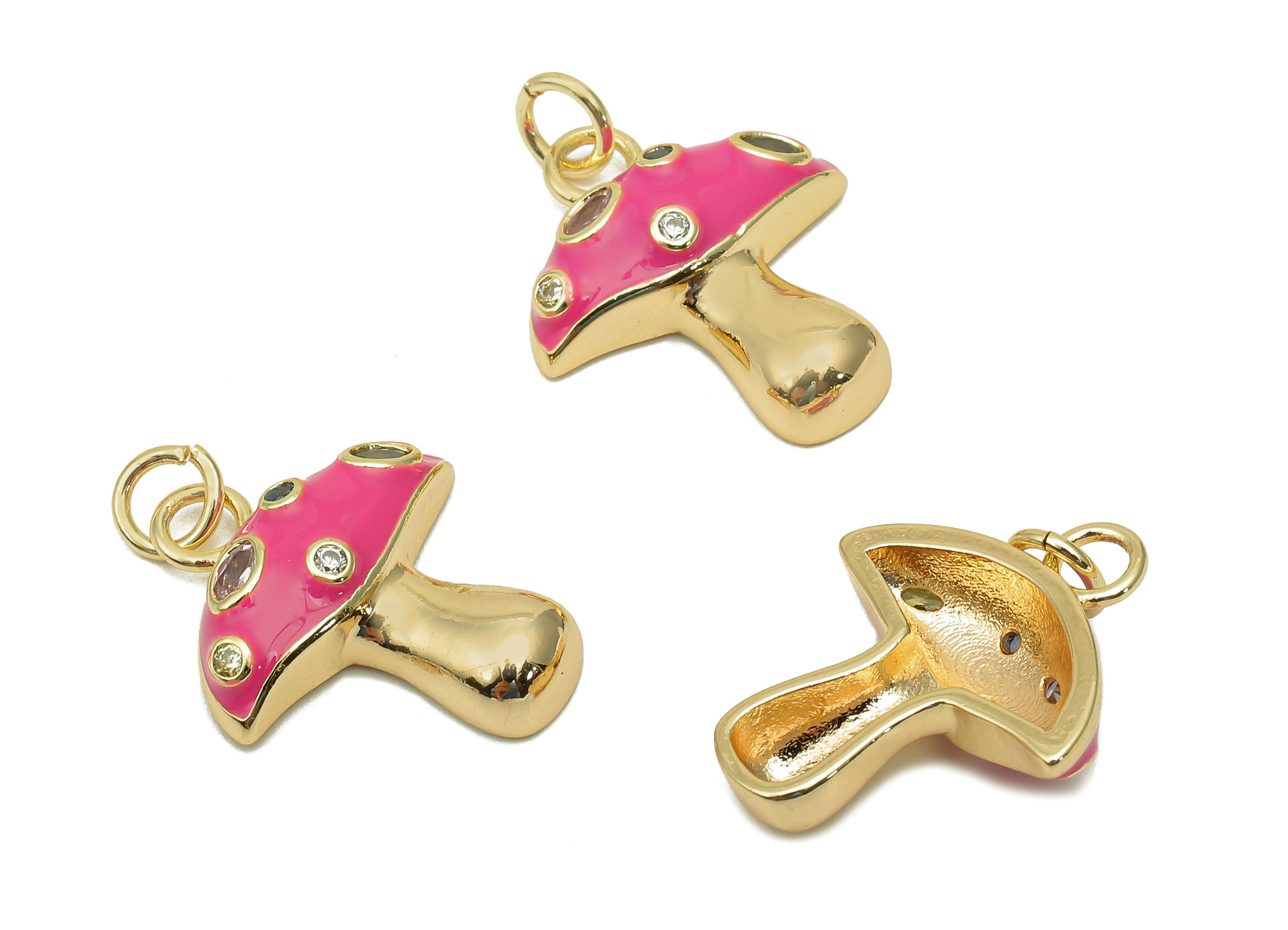 Brass Enamel Mushroom Pendant - Zircon Pink Fungus Earring Charm - Necklace Charm With Loop - 18K Real Gold Plating - 23x16.9x1.5mm-RGP5662E - DOMEDBAZAAR