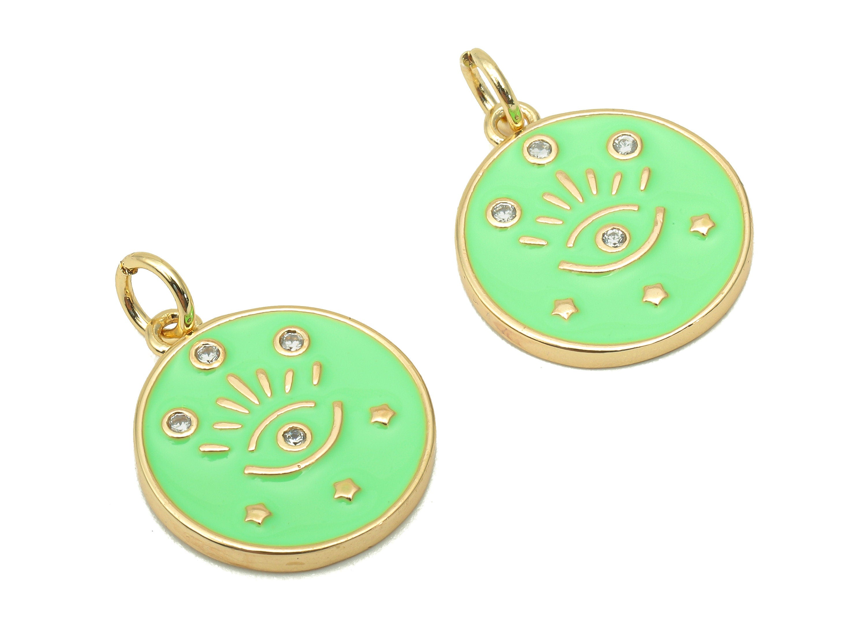 Brass Zircon Round Eyelash Pendant - Light Green Enamel Eye Earring - Circle Charm With Loop - 18K Real Gold Plating -20.3x15x1.7mm-RGP5663A - DOMEDBAZAAR