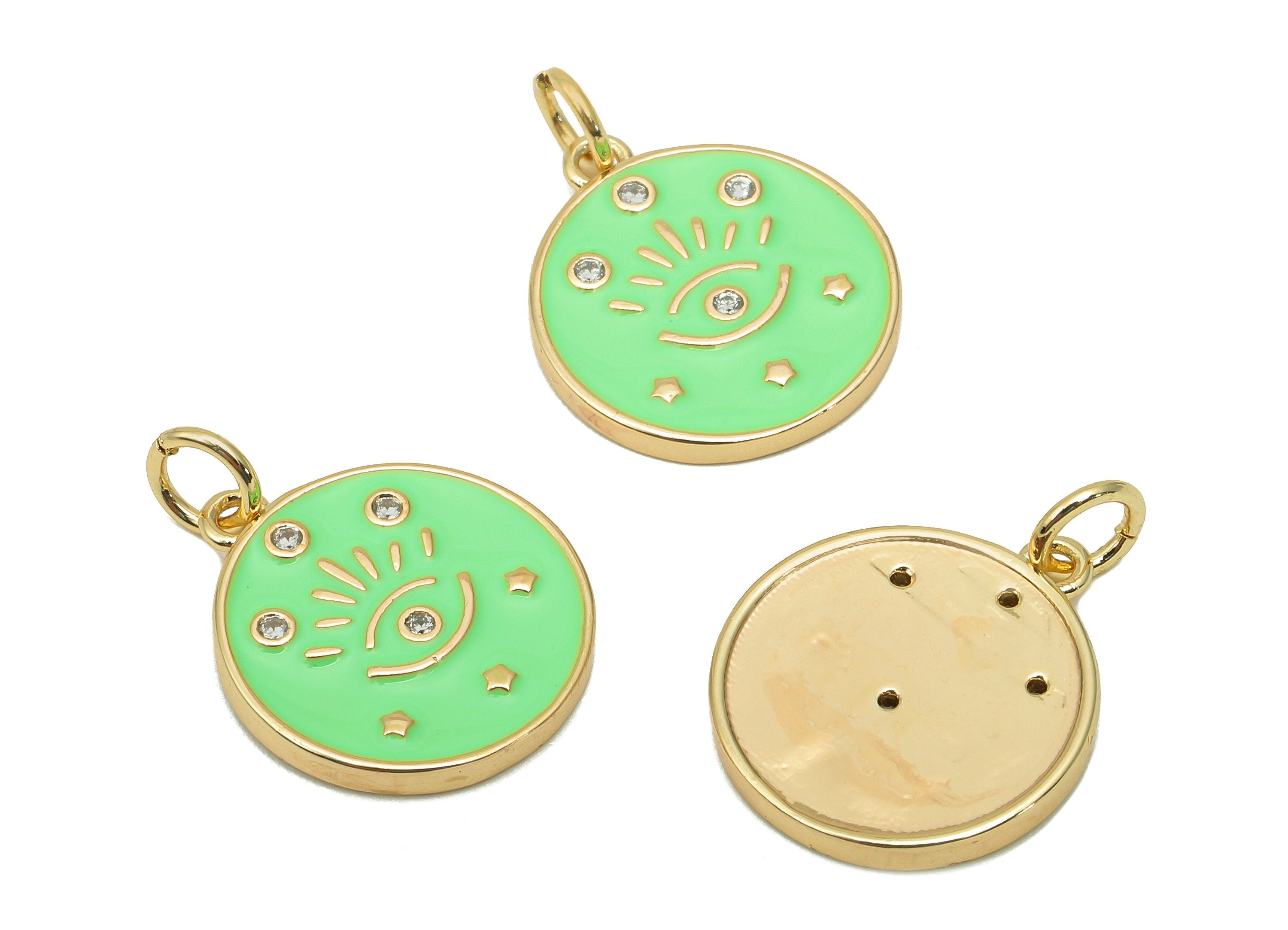 Brass Zircon Round Eyelash Pendant - Light Green Enamel Eye Earring - Circle Charm With Loop - 18K Real Gold Plating -20.3x15x1.7mm-RGP5663A - DOMEDBAZAAR