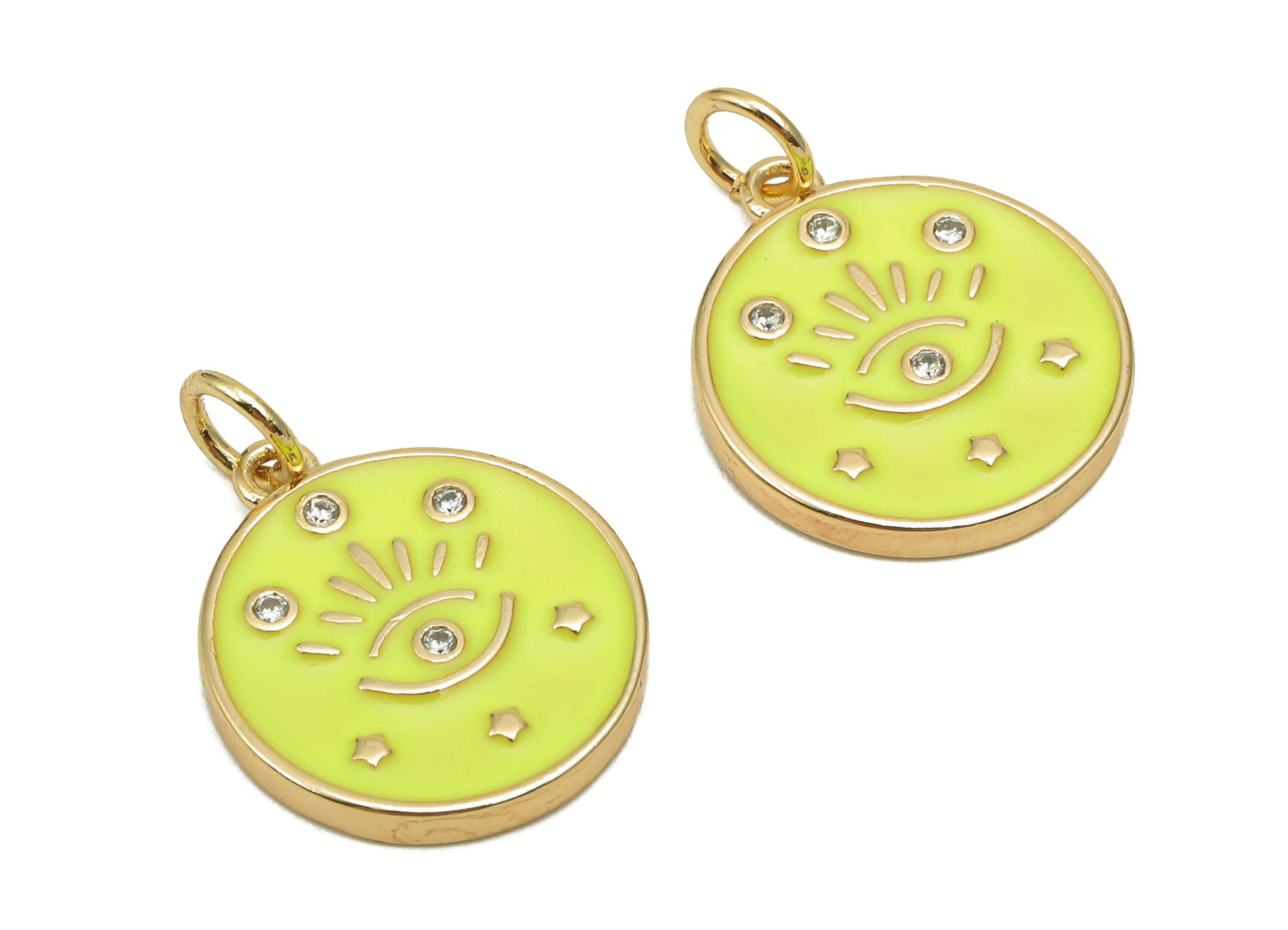 Brass Zircon Round Eyelash Pendant - Yellow Enamel Eye Earring - Circle Charm With Loop - 18K Real Gold Plating - 20.3x15x1.7mm - RGP5663C - DOMEDBAZAAR