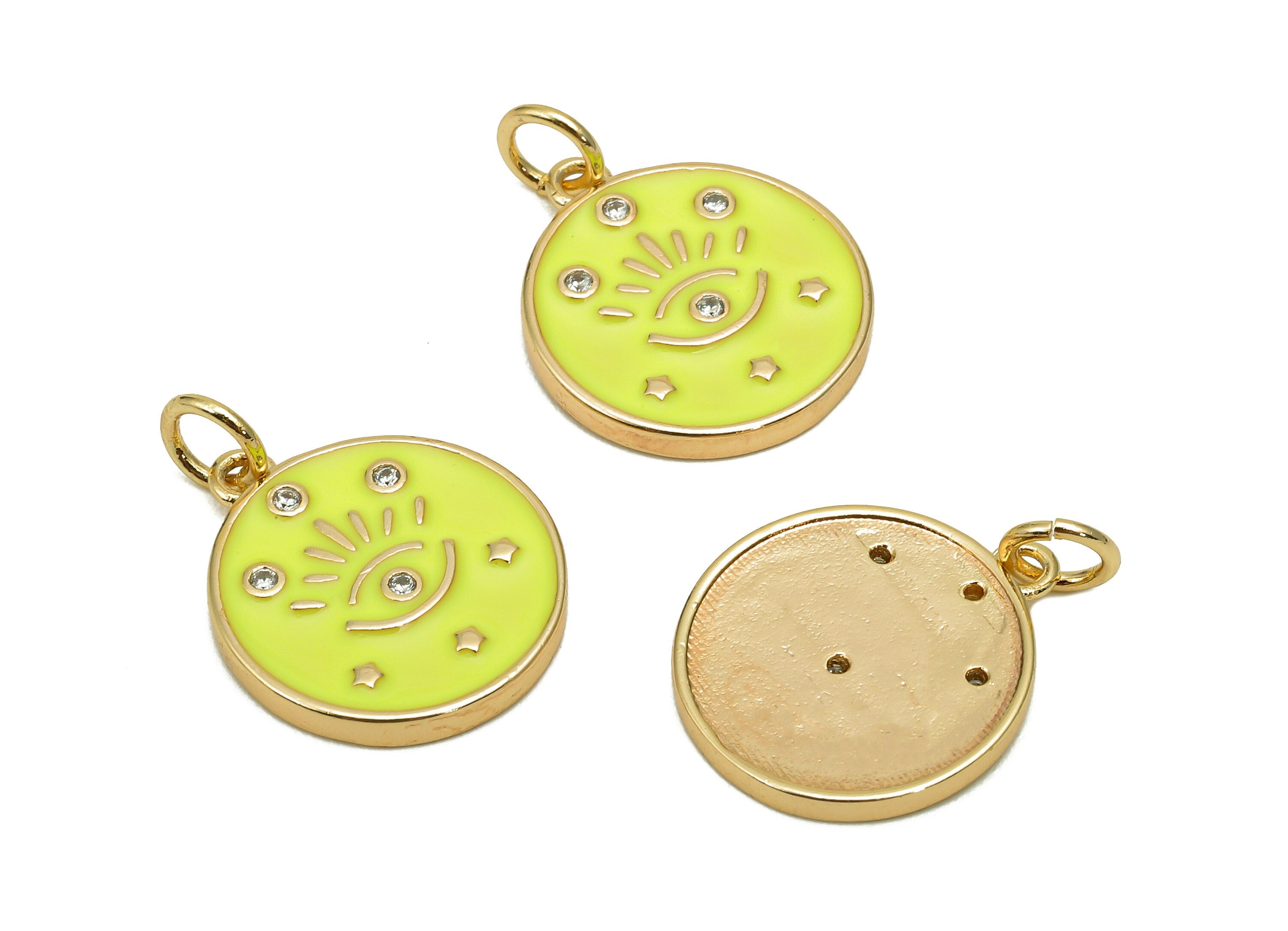 Brass Zircon Round Eyelash Pendant - Yellow Enamel Eye Earring - Circle Charm With Loop - 18K Real Gold Plating - 20.3x15x1.7mm - RGP5663C - DOMEDBAZAAR