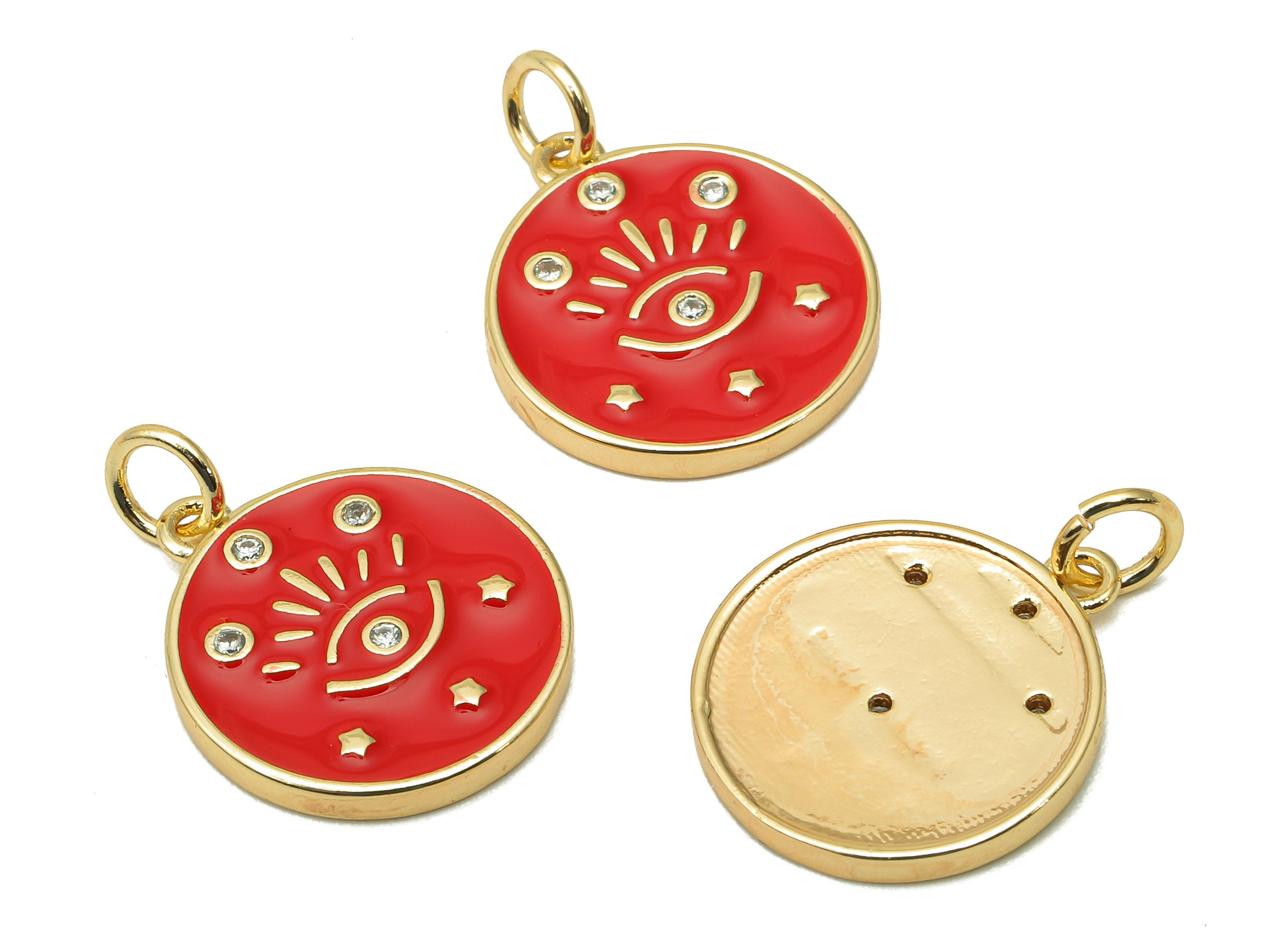 Brass Zircon Round Eyelash Pendant - Red Enamel Eye Earring - Circle Charm With Loop - 18K Real Gold Plating -20.3x15x1.7mm-RGP5663D - DOMEDBAZAAR