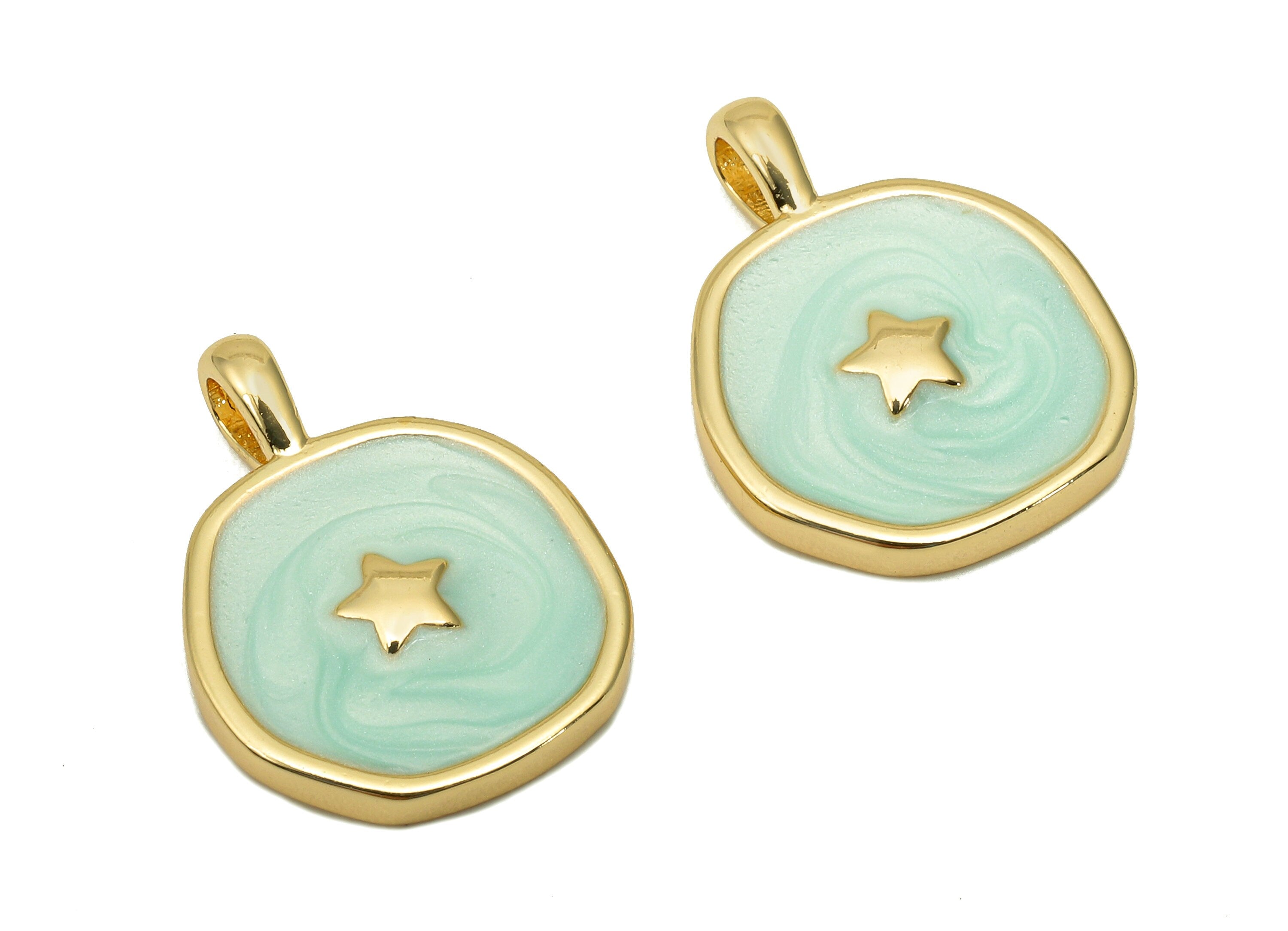 Brass Hammered Round Star Pendant - Gold Circle Enamel Earring - Necklace Charm With Loop - 18K Real Gold Plating - 17.5x13.3x1.8mm-RGP5664A - DOMEDBAZAAR
