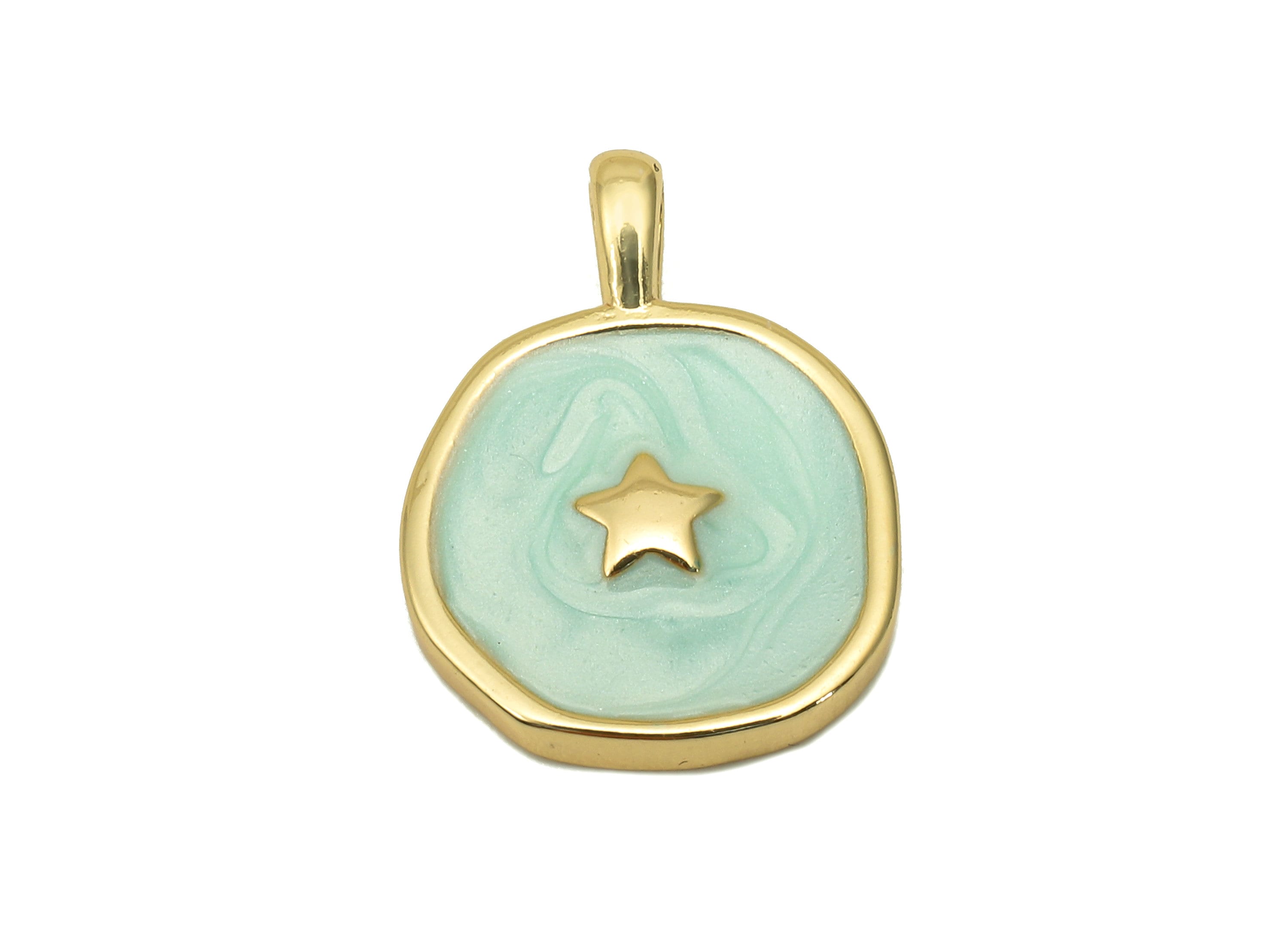 Brass Hammered Round Star Pendant - Gold Circle Enamel Earring - Necklace Charm With Loop - 18K Real Gold Plating - 17.5x13.3x1.8mm-RGP5664A - DOMEDBAZAAR