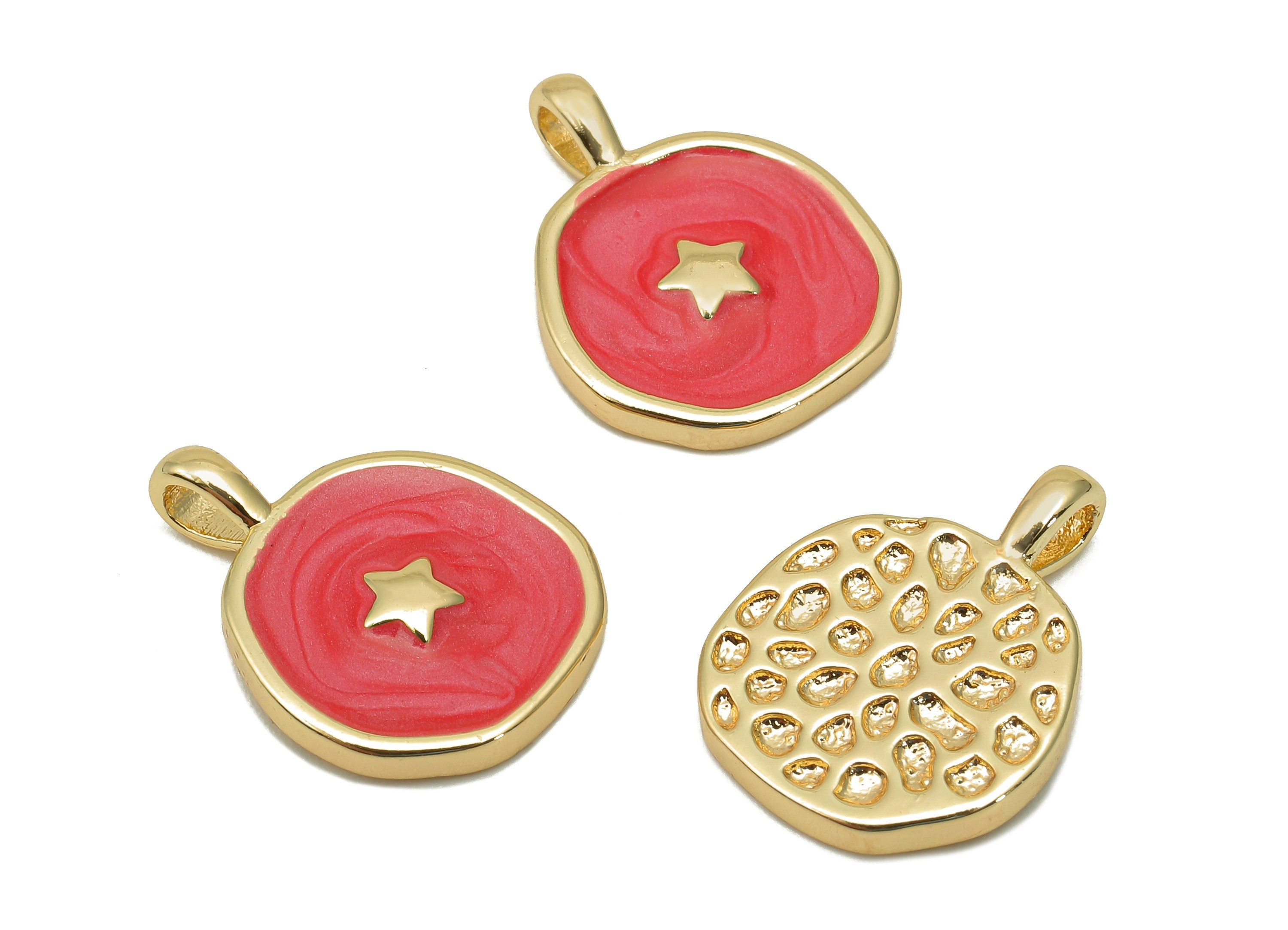 Brass Hammered Round Star Pendant - Red Circle Enamel Earring - Necklace Charm With Loop - 18K Real Gold Plating - 17.5x13.3x1.8mm -RGP5664B - DOMEDBAZAAR