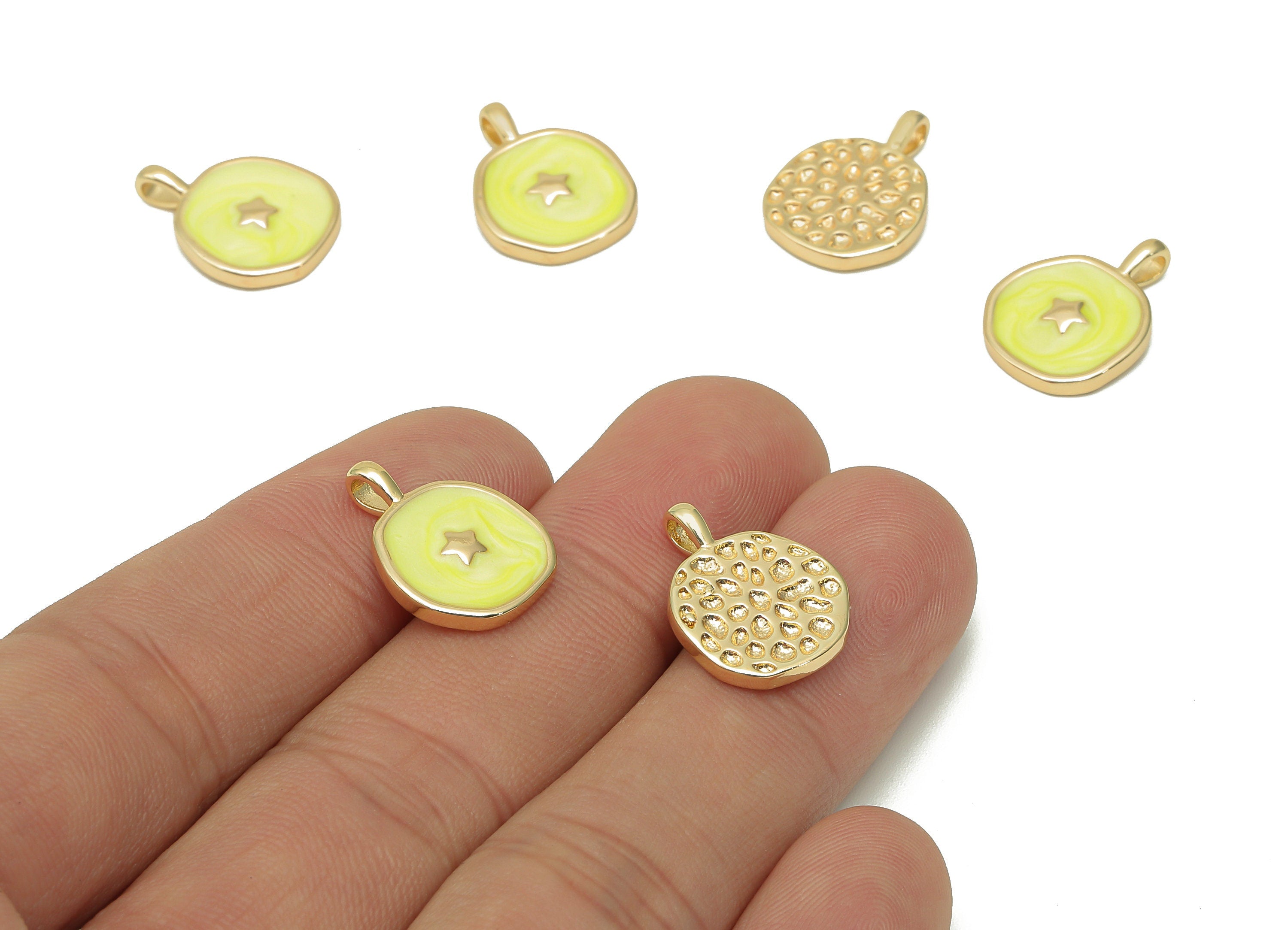 Brass Hammered Round Star Pendant - Yellow Circle Enamel Earring - Necklace Charm With Loop - 18K Real Gold Plating-17.5x13.3x1.8mm-RGP5664E - DOMEDBAZAAR