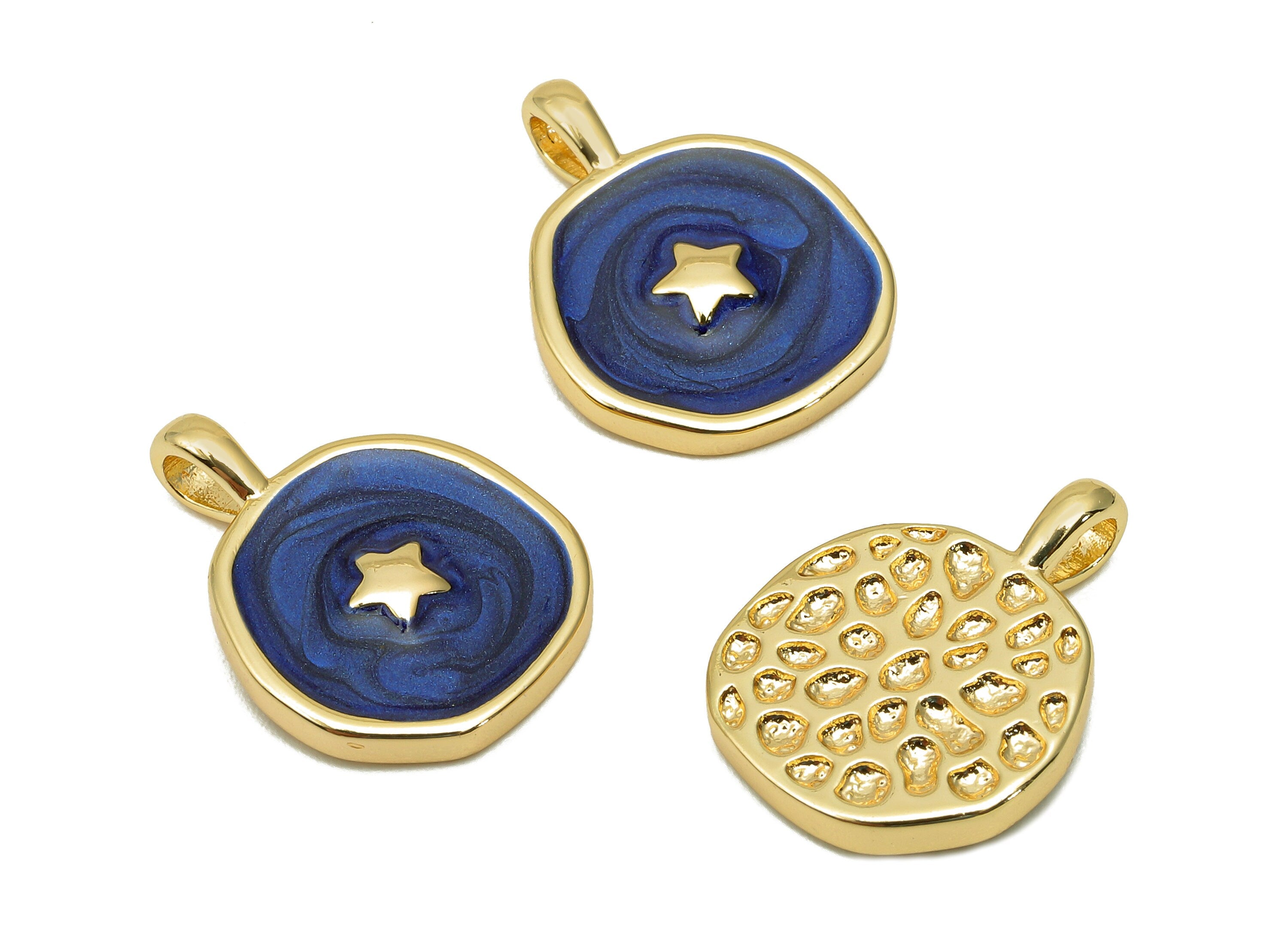 Brass Hammered Round Star Pendant - Navy Circle Enamel Earring - Necklace Charm With Loop - 18K Real Gold Plating - 17.5x13.3x1.8mm-RGP5664F - DOMEDBAZAAR
