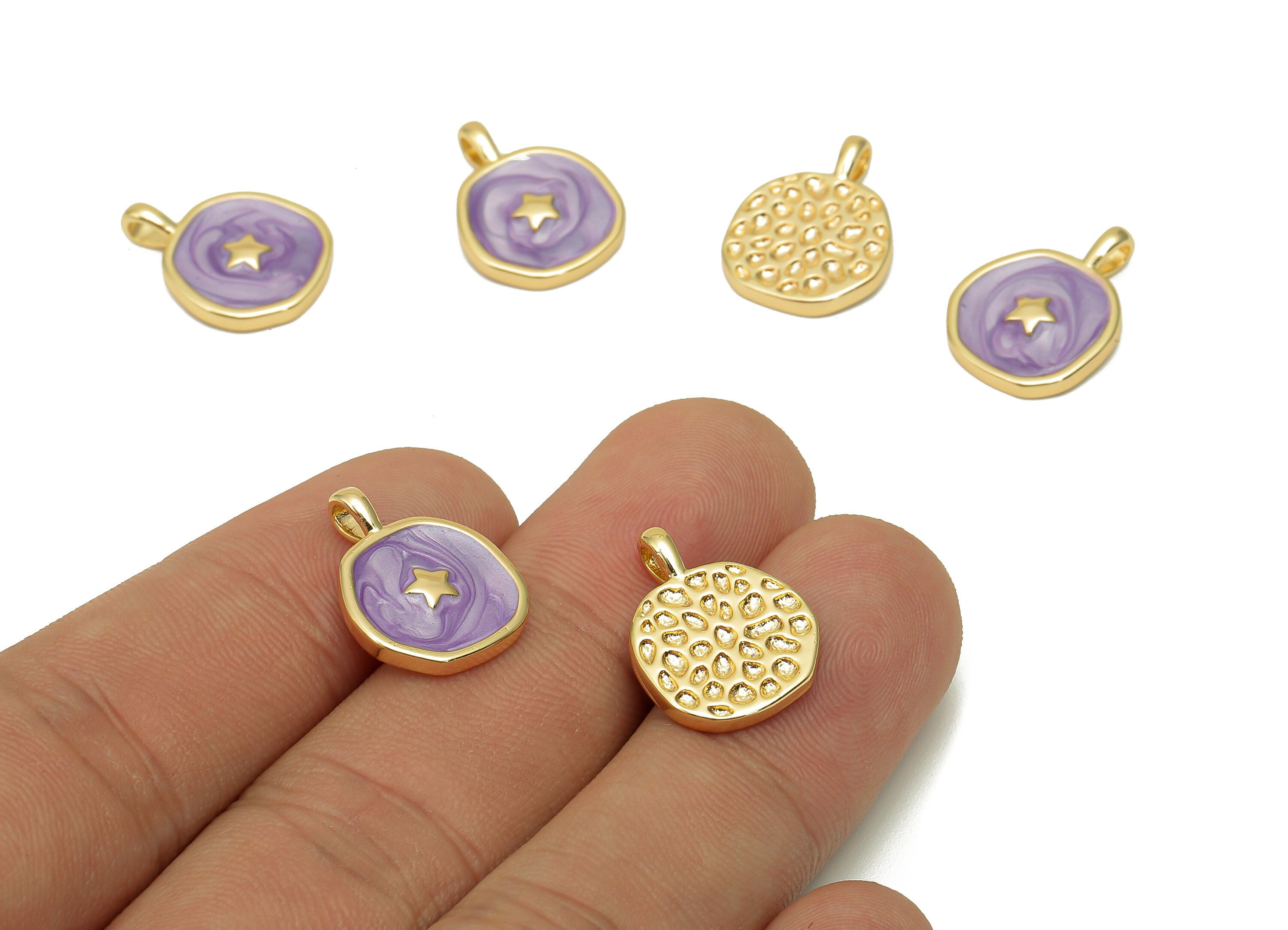 Brass Hammered Round Star Pendant - Purple Circle Enamel Earring - Necklace Charm With Loop - 18K Real Gold Plating-17.5x13.3x1.8mm-RGP5664H - DOMEDBAZAAR