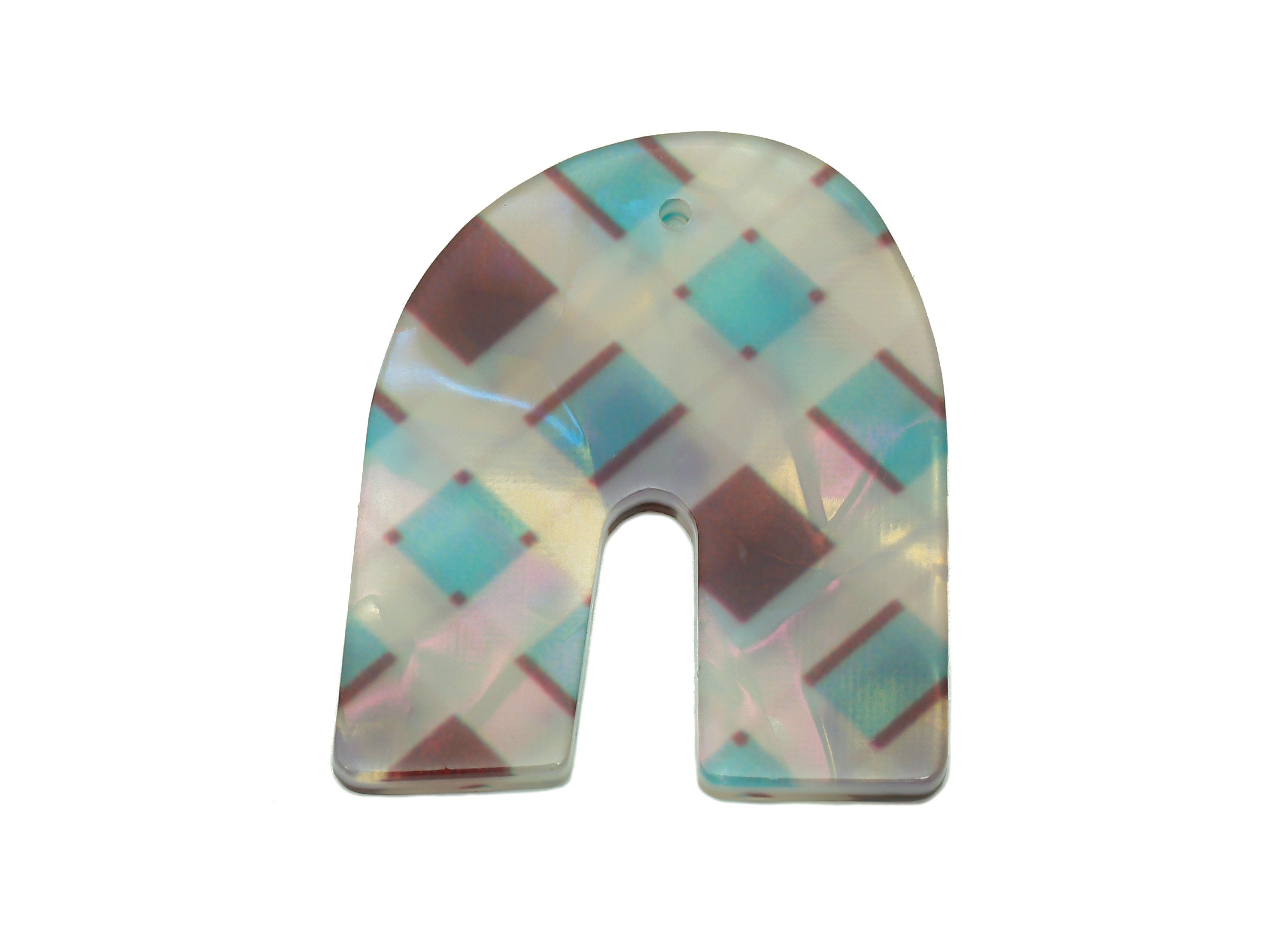 PVC Domed U Earring Charm - U Checkered Print Pendant With Hole - Earring Findings - Color Code: A866 - 37.7x31.2x2.5mm -AC2539-A866 - DOMEDBAZAAR