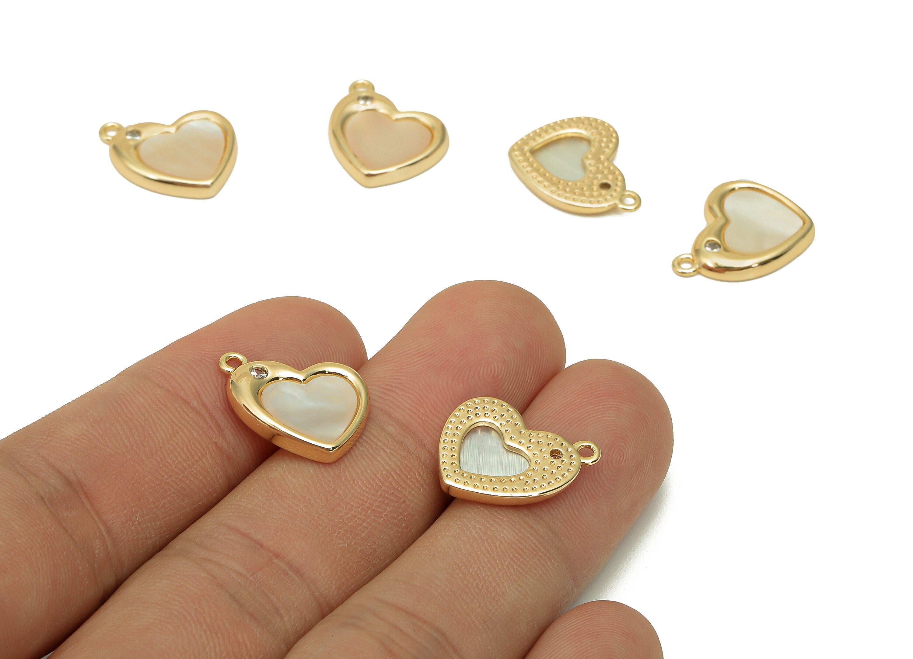 Brass Shell Heart Earring Charm - Zircon Heart Earring - Spot Heart Pendant With Loop - 18K Real Gold Plating - 15.4x14.7x2.3mm-RGP5667 - DOMEDBAZAAR