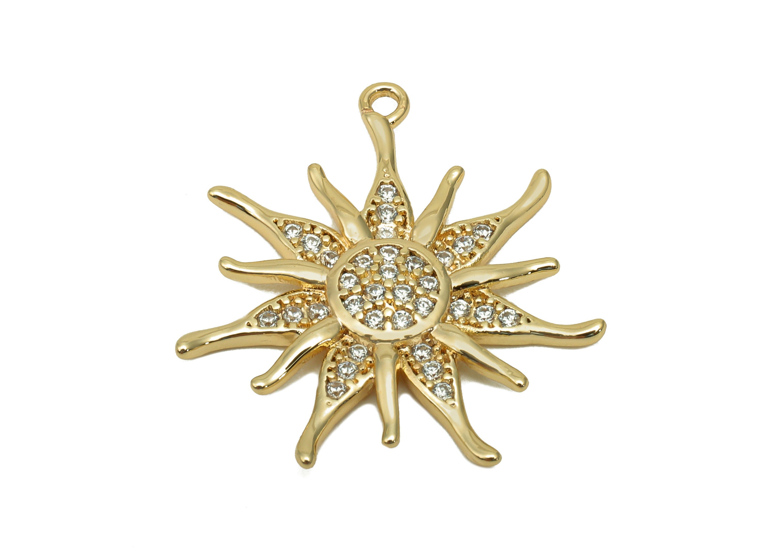 Brass Sun Earring Charm - Gold Zircon Dots Sun Earring - Spot Pendant With Loop - 18K Real Gold Plating Charm - 22.8x21.3x2.3mm - RGP5668 - DOMEDBAZAAR