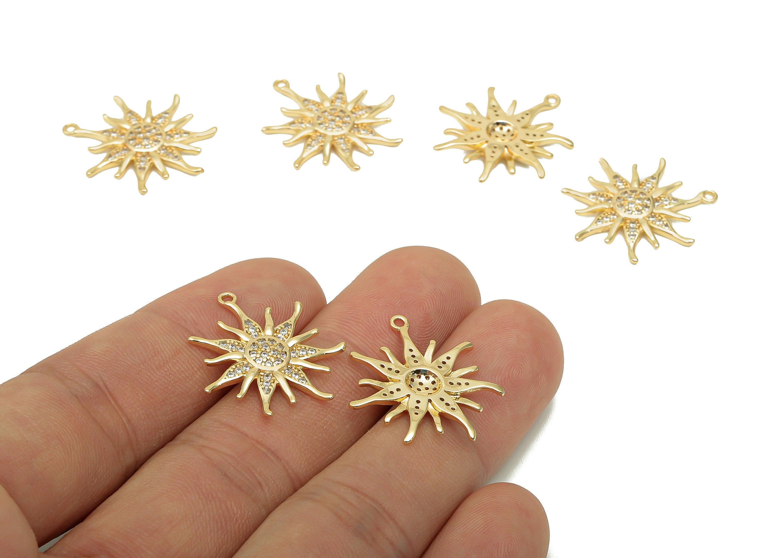 Brass Sun Earring Charm - Gold Zircon Dots Sun Earring - Spot Pendant With Loop - 18K Real Gold Plating Charm - 22.8x21.3x2.3mm - RGP5668 - DOMEDBAZAAR
