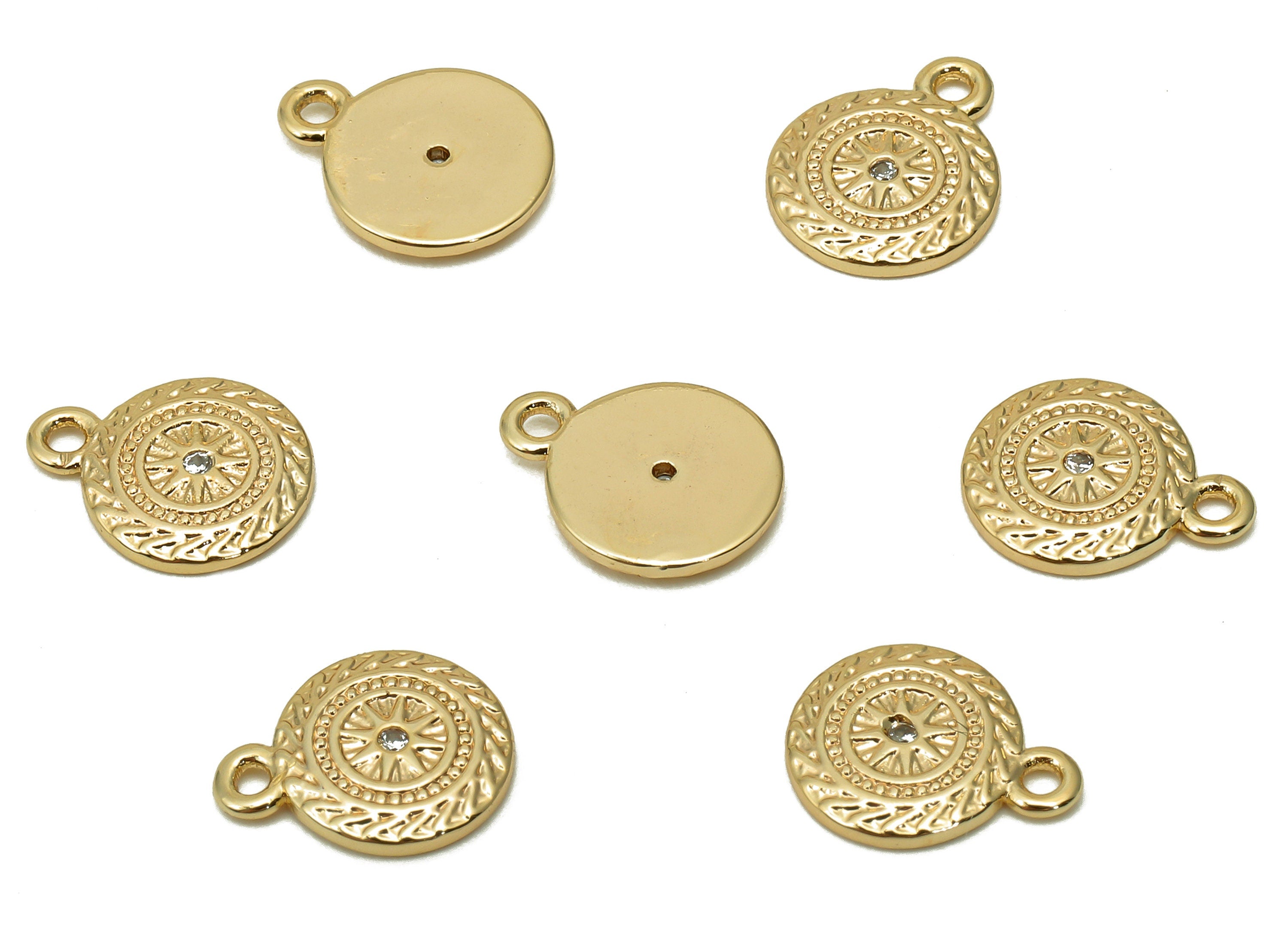 Brass Textured Mini Round Earring - Zircon Antique Look Charm - Star Dots Pendant With Loop - 18K Real Gold Plating - 10.3x8.3x1.2mm-RGP5669 - DOMEDBAZAAR