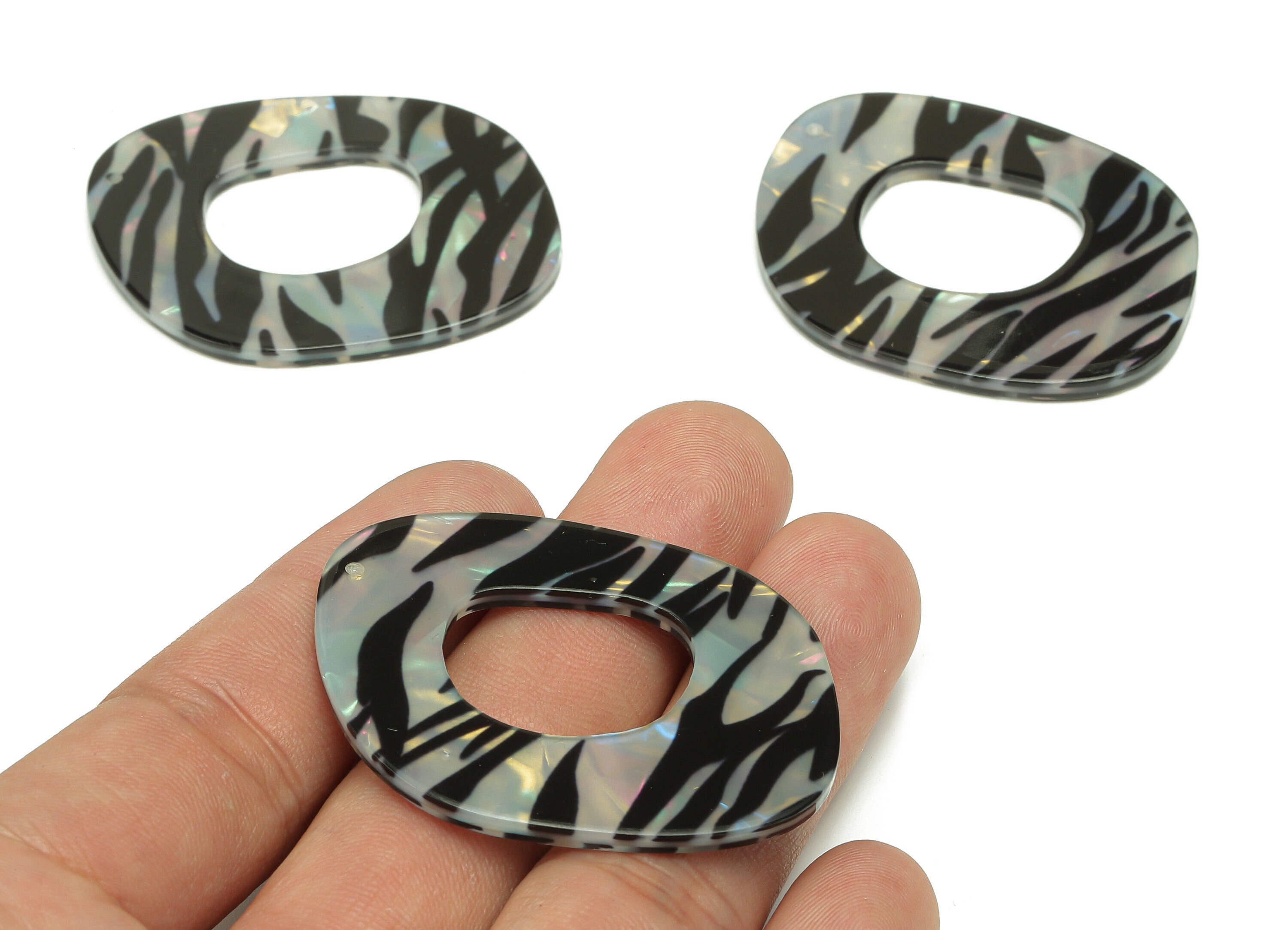 PVC Black Oval Square Circle Earring Charm - Zebra Print Hollow Circle Pendant - Charm With Hole - Color Code: A871 - 39x27x3mm -AC2543-A871 - DOMEDBAZAAR