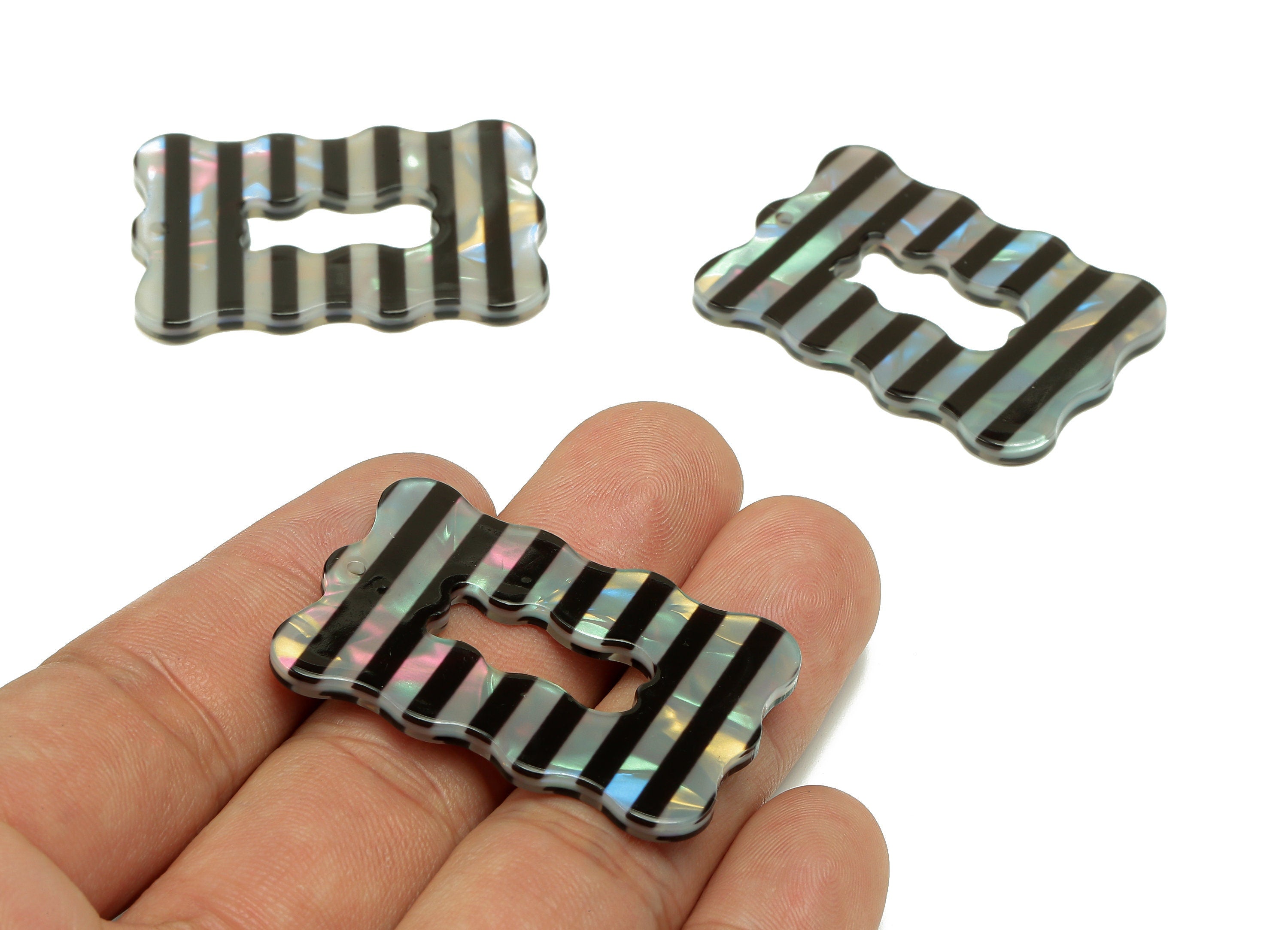 PVC Wave Rectangle Earring Charm - Black Stripe Hollow Wave Rectangle Pendant - Charm With Hole - Color Code: A873 - 40x28x2mm - AC2544-A873 - DOMEDBAZAAR