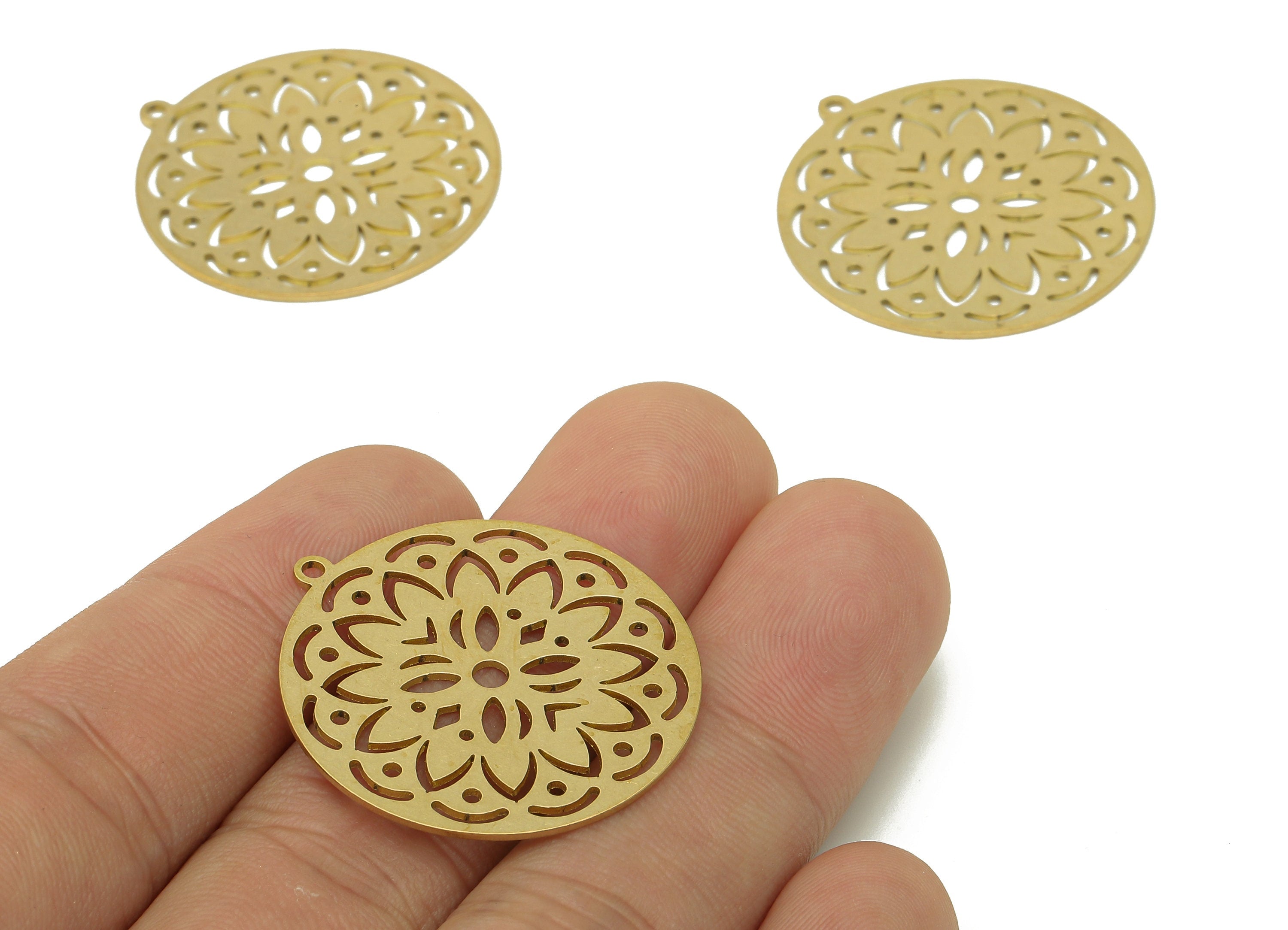 Brass Round Flower Earring Charms - Raw Brass Flower Cutout Earring - Circle Pendant With Loop - For Necklace - 31.9x29.6x0.7mm - PPA6834 - DOMEDBAZAAR