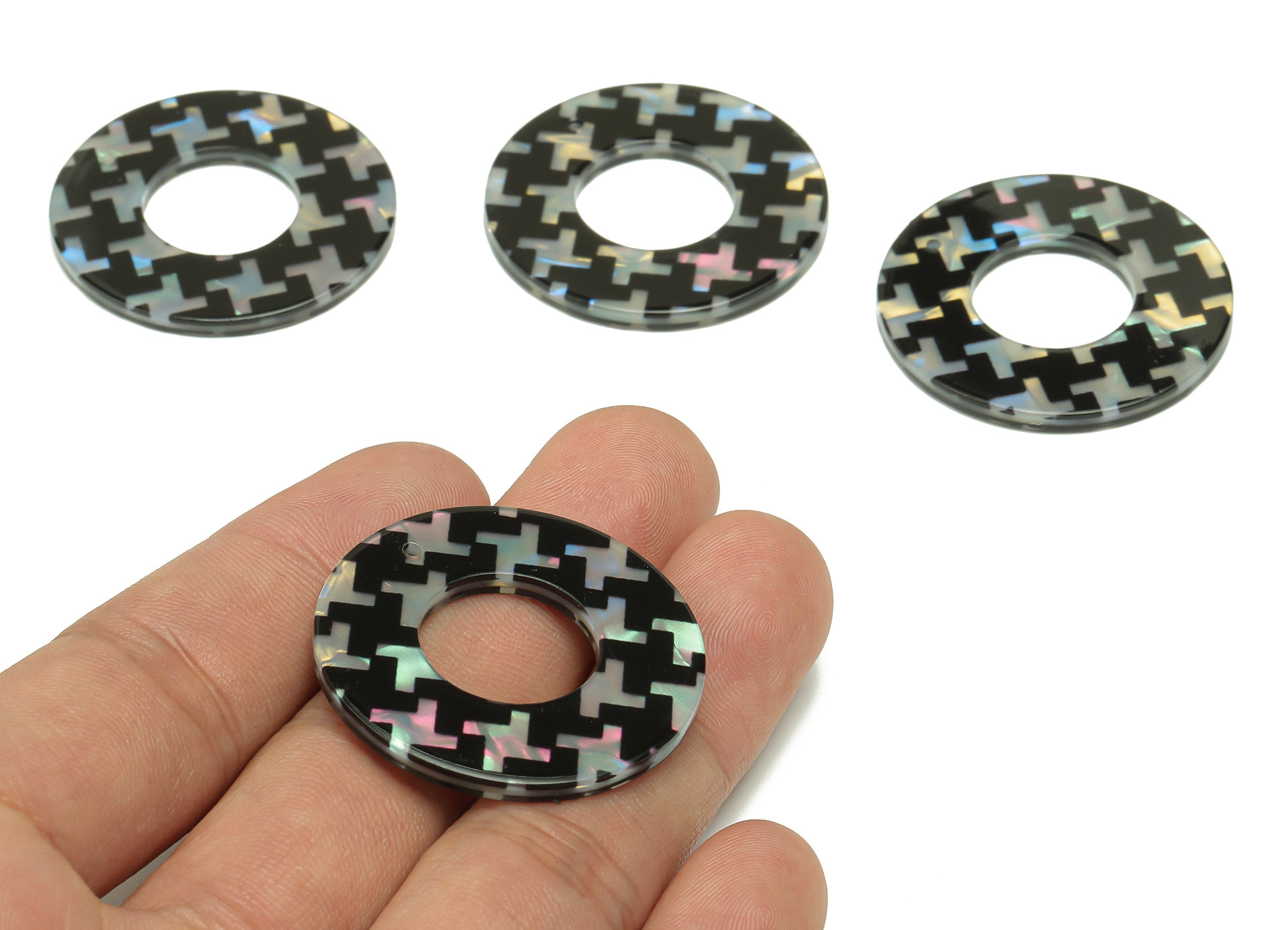 PVC Round Earring Charm - Black Irregular Geometry Hollow Circle Pendant - Charm With Hole - Color Code: A875 - 35x35x2.4mm - AC2546-A880 - DOMEDBAZAAR