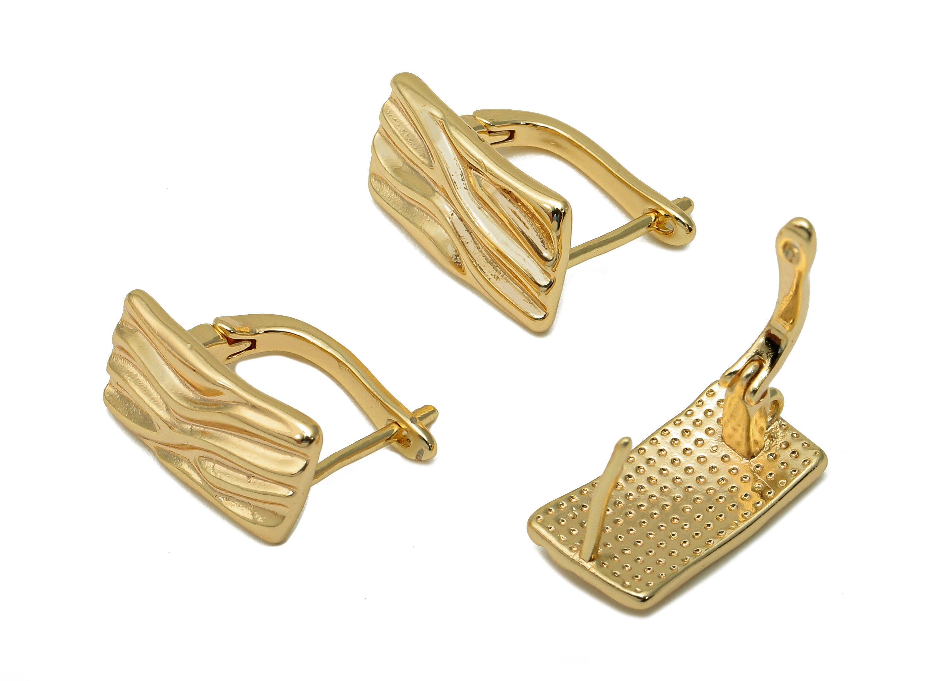 Brass Textured Rectangle Earring Clasp - Gold Wave Leverback Earring - Wavy Clasp Earring - 18K Real Gold Plating - 16.6x13.3x1.8mm -RGP5675 - DOMEDBAZAAR