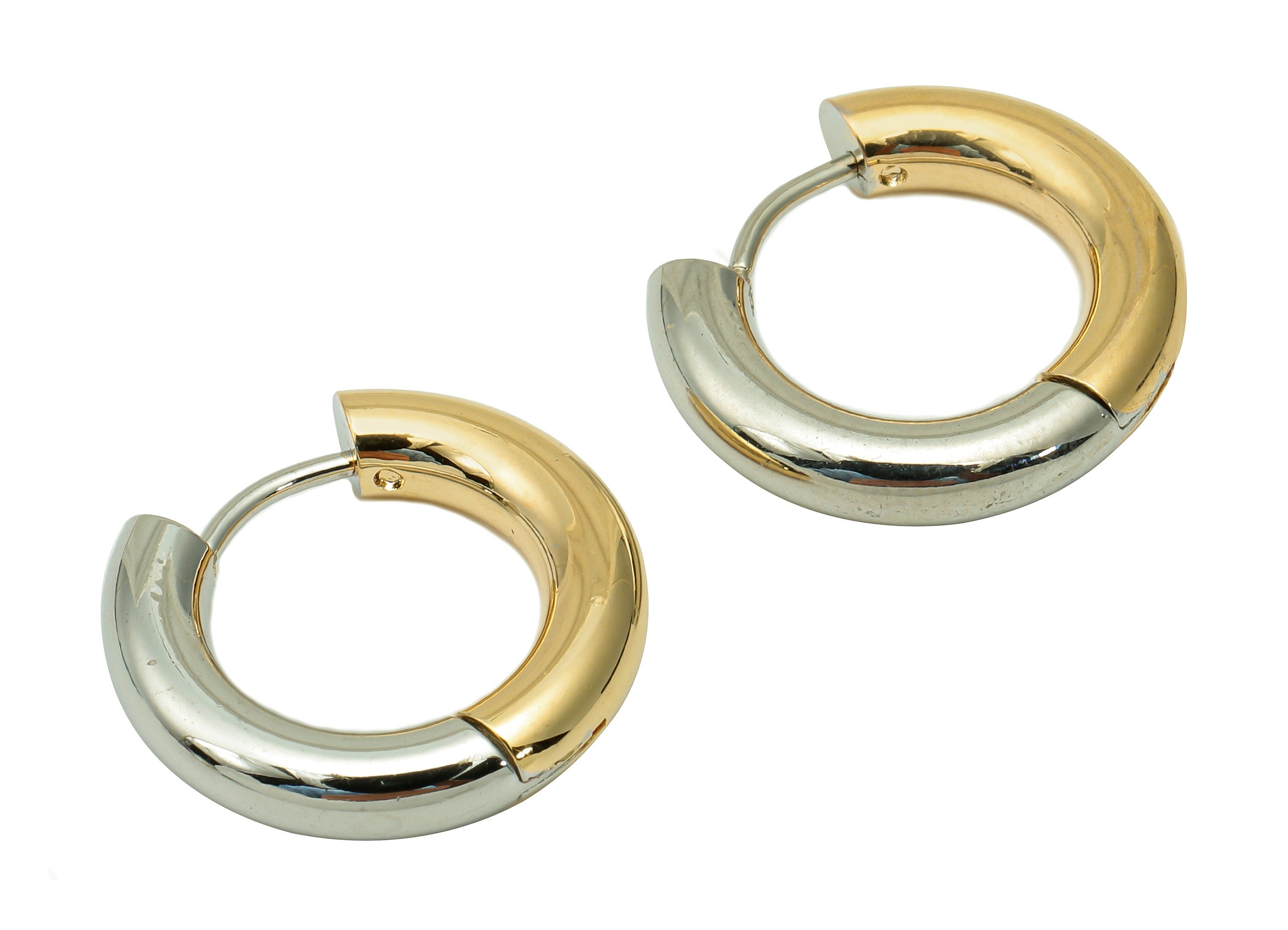 Brass Thick Huggie Hoop Clasp - Round Huggies Earring - Stainless Steel Stud - 18K Real Gold & White Gold Plating - 20.8x18.8x4mm-RGP5676-20 - DOMEDBAZAAR