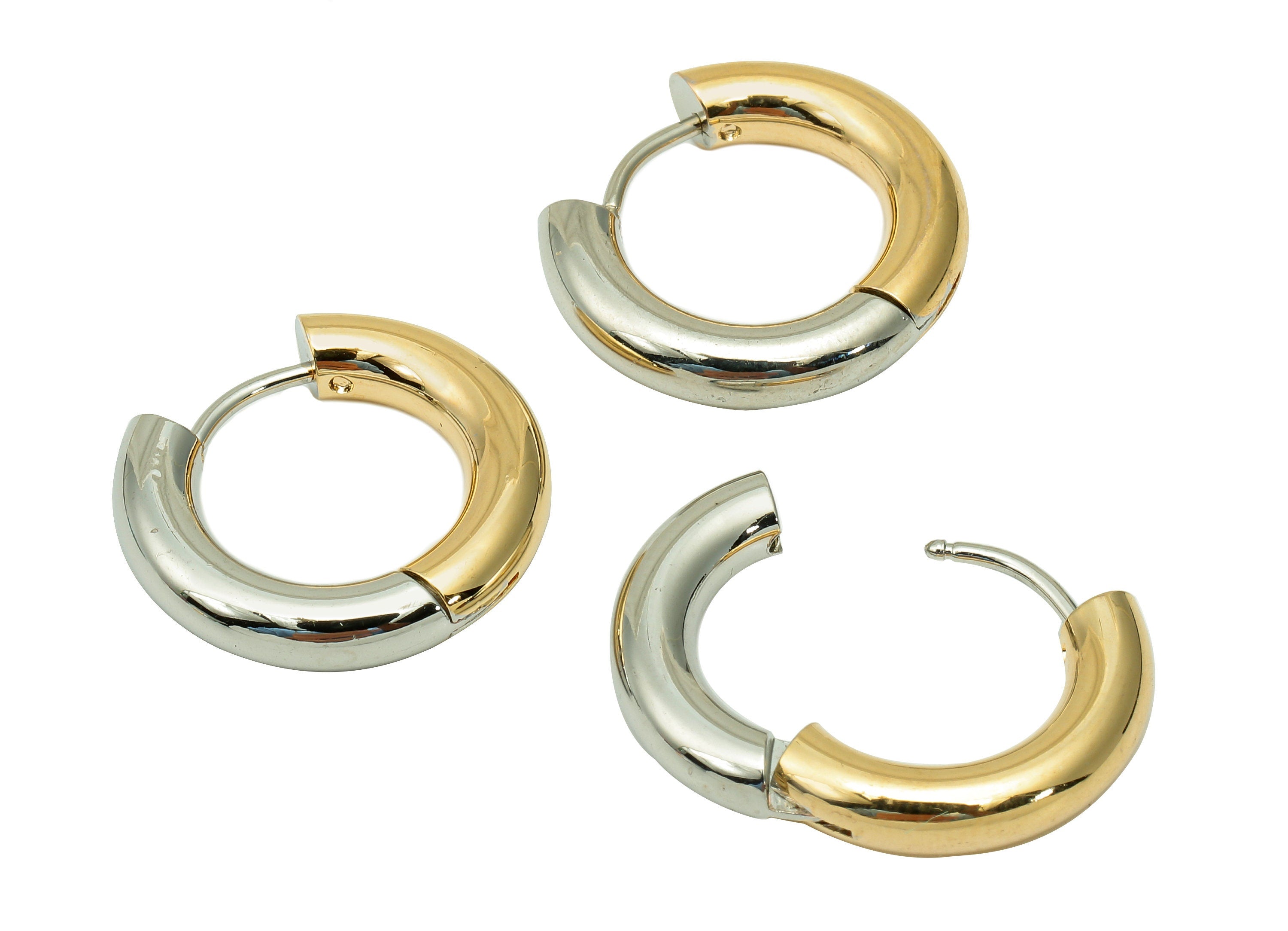 Brass Thick Huggie Hoop Clasp - Round Huggies Earring - Stainless Steel Stud - 18K Real Gold & White Gold Plating - 20.8x18.8x4mm-RGP5676-20 - DOMEDBAZAAR