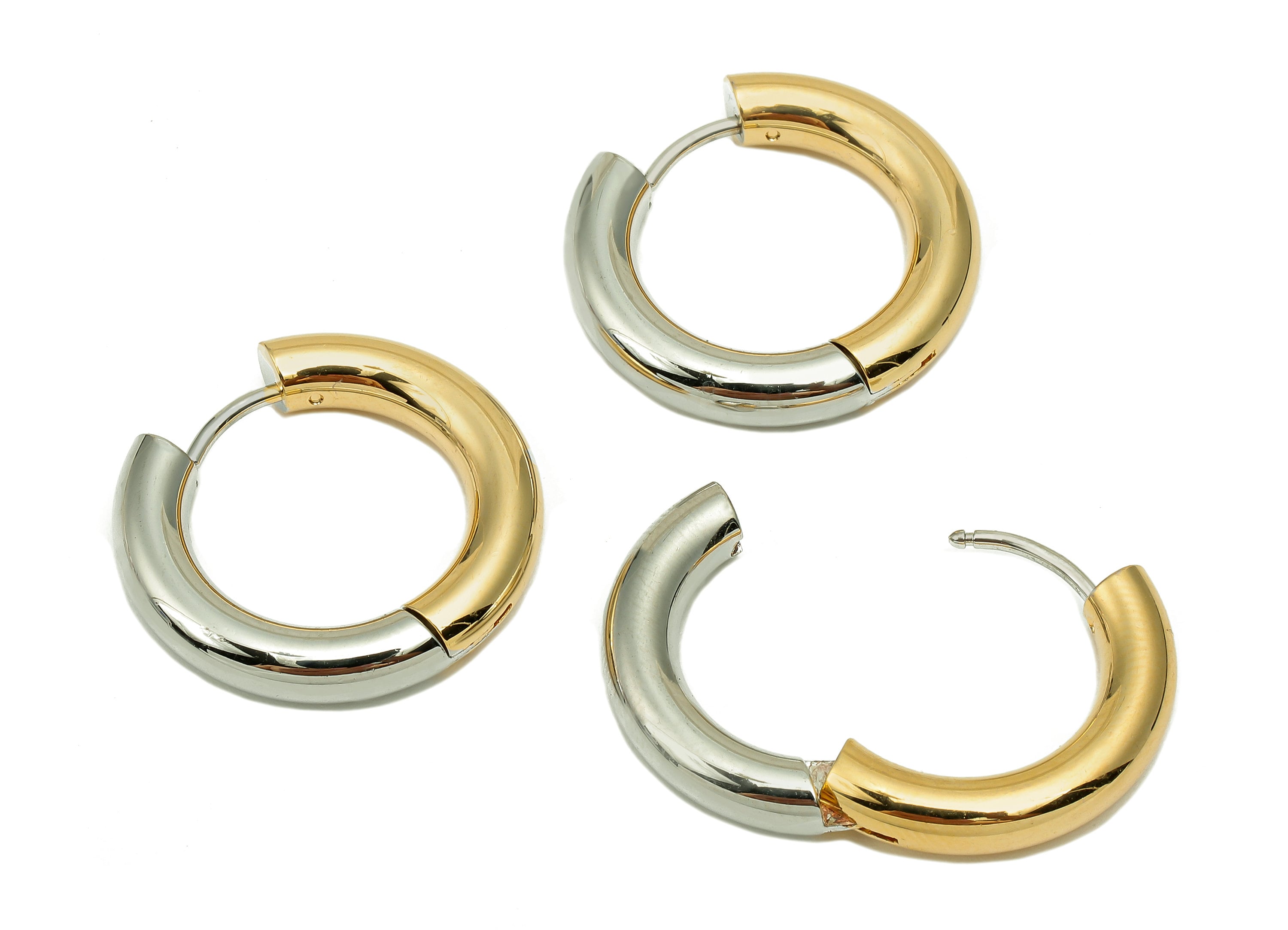 Brass Thick Huggie Hoop Clasp - Round Huggies Earring - Stainless Steel Stud - 18K Real Gold & White Gold Plating - 23x21.3x4mm - RGP5676-22 - DOMEDBAZAAR