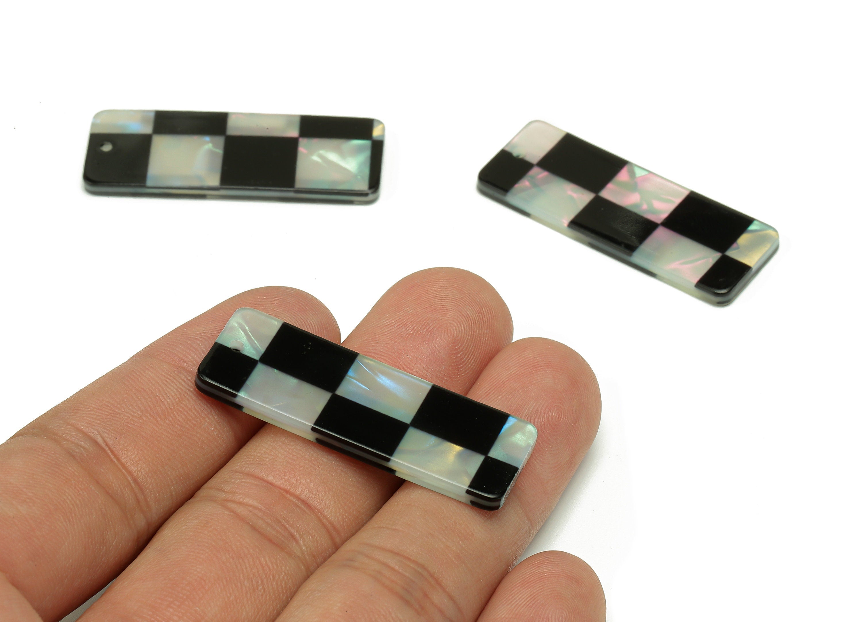 PVC Rectangle Earring Charm - Black & White Checkered Pendant With Hole - Earring Findings - Color Code: A878 - 40x15x2.4mm - AC2549-A878 - DOMEDBAZAAR