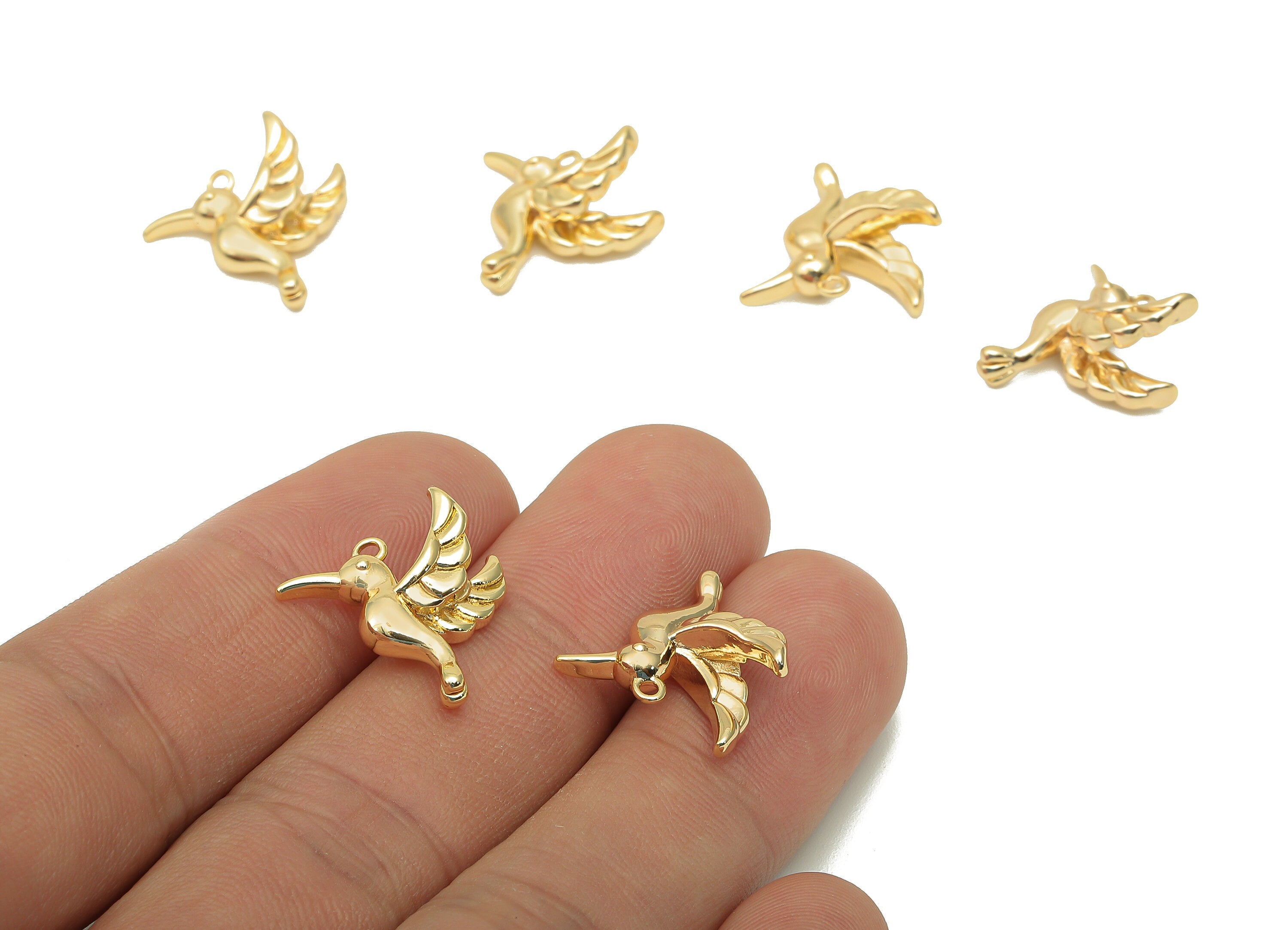 Brass Hummingbird Earrings Charms - Gold Animal Earring - Bird Pendant With Loop - 18K Real Gold Plating Charm - 15.1x17.3x3.7mm - RGP5687 - DOMEDBAZAAR