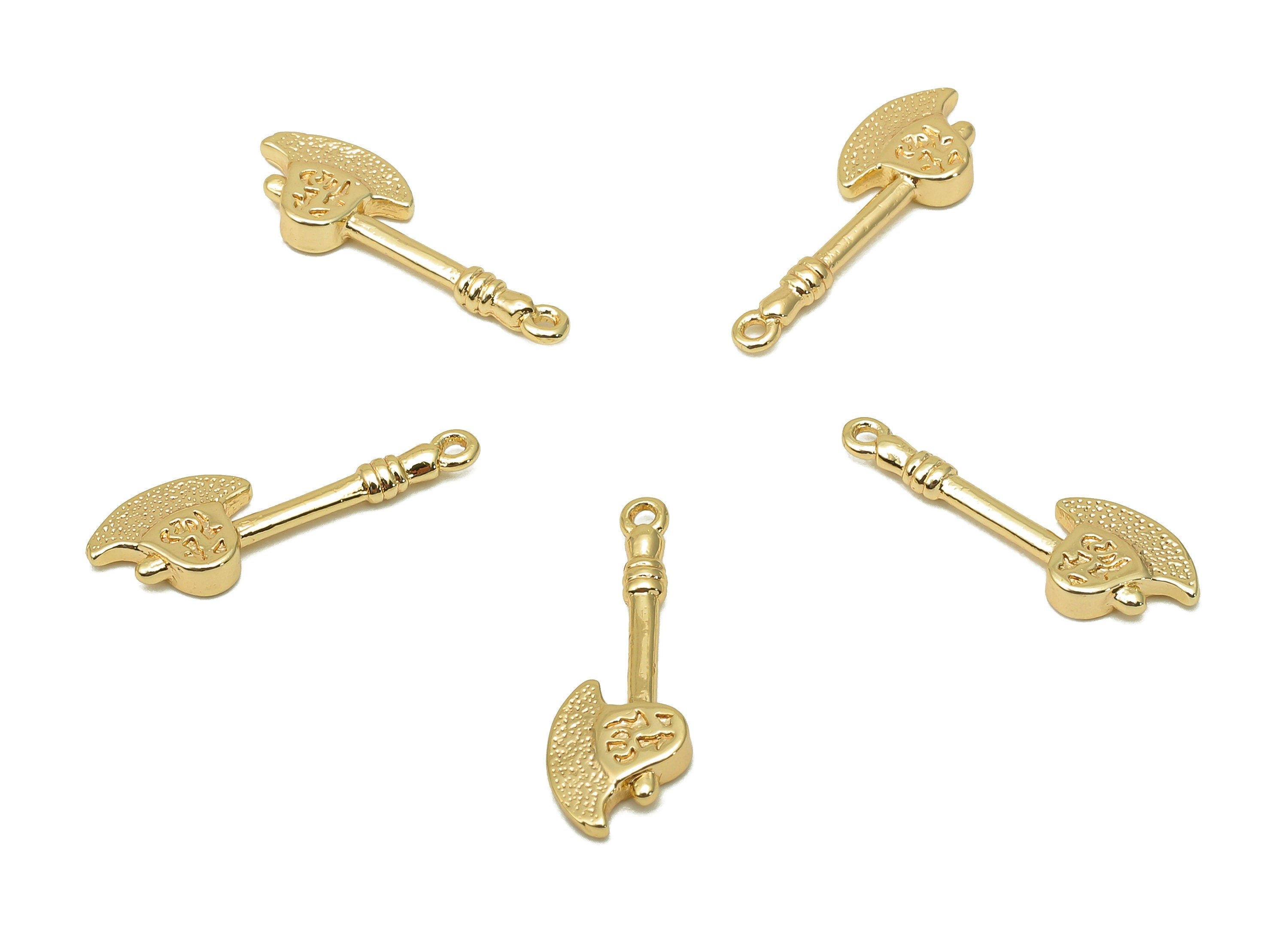 Brass Mini Axe Earring Charm - Gold Textured Dot Hatchet Earring - Spot Pendant With Loop - 18K Real Gold Plating - 17.9x6.1x1.9mm - RGP5689 - DOMEDBAZAAR