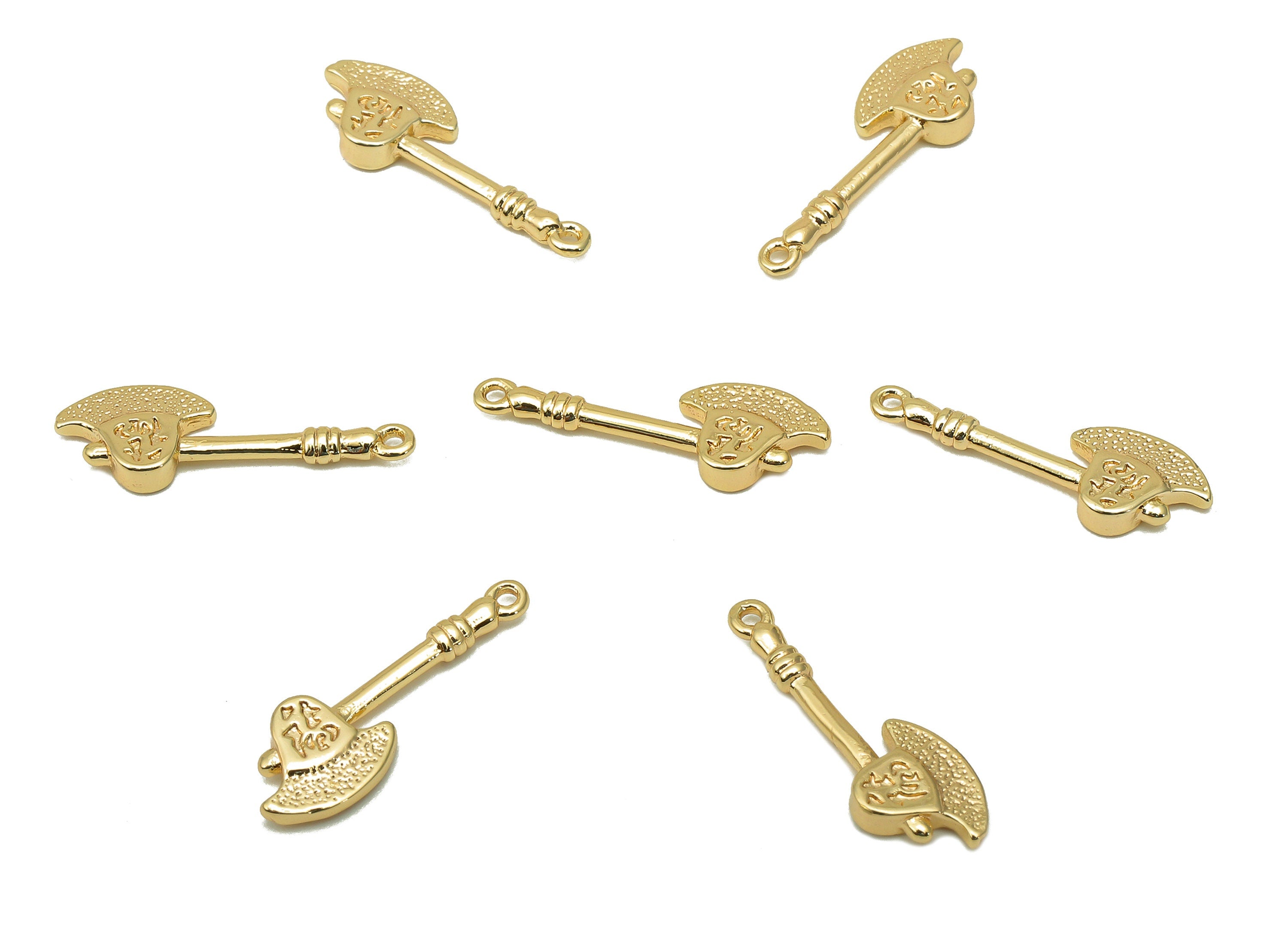 Brass Mini Axe Earring Charm - Gold Textured Dot Hatchet Earring - Spot Pendant With Loop - 18K Real Gold Plating - 17.9x6.1x1.9mm - RGP5689 - DOMEDBAZAAR