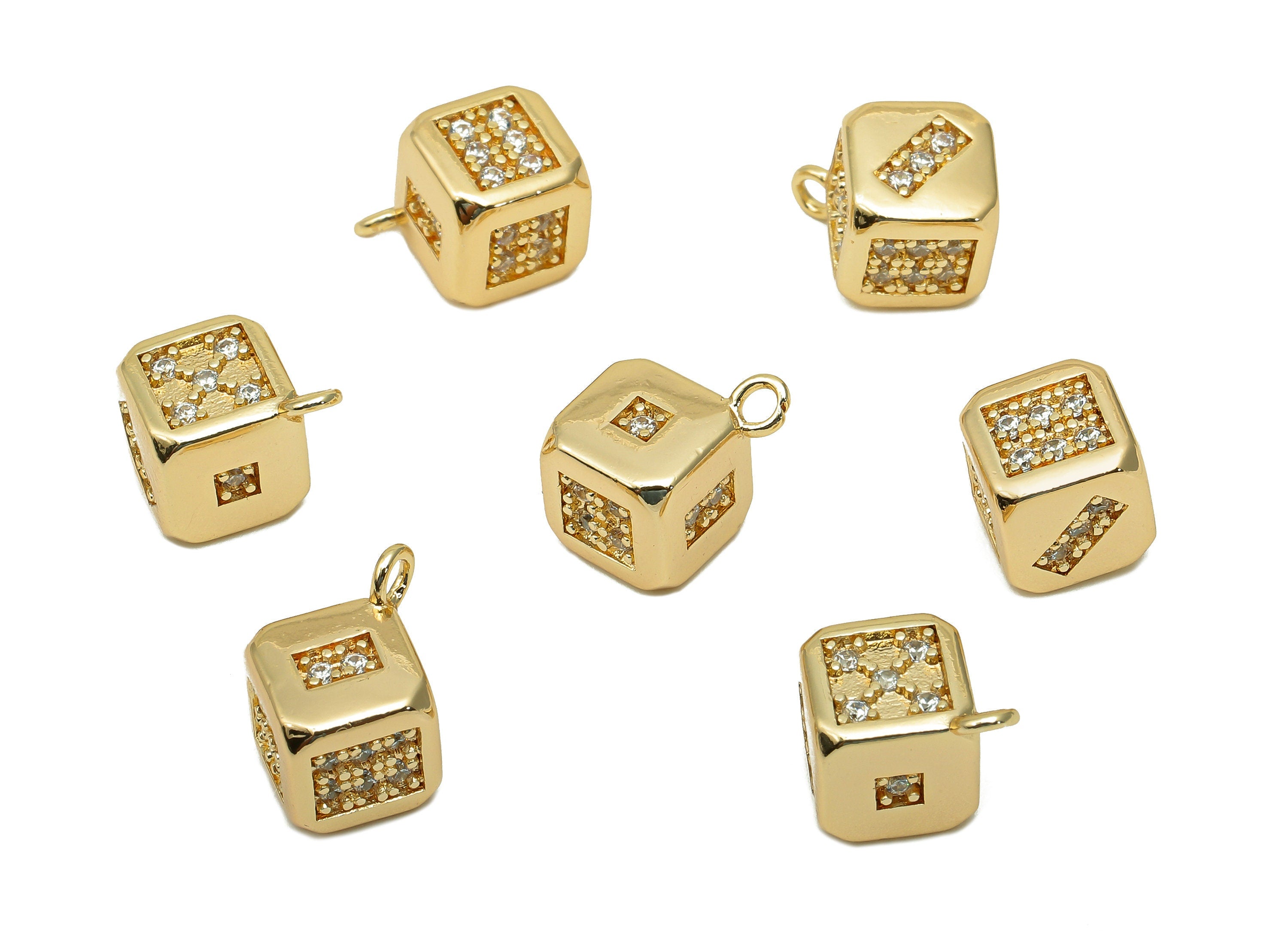 Brass Dice Cube Earring Charm - Zircon Dice Square Earring - Number Pendant With Loop - 18K Real Gold Plating Charm - 15.3x8.6x8.6mm-RGP5714 - DOMEDBAZAAR